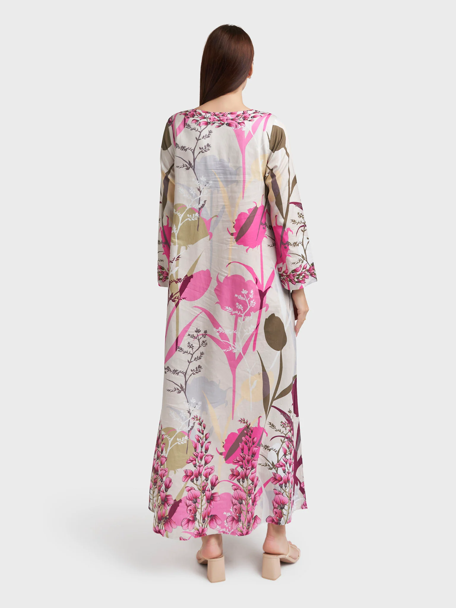 Cream Cotton Satin Floral Print Jalabiya (VDE113) - Image 4