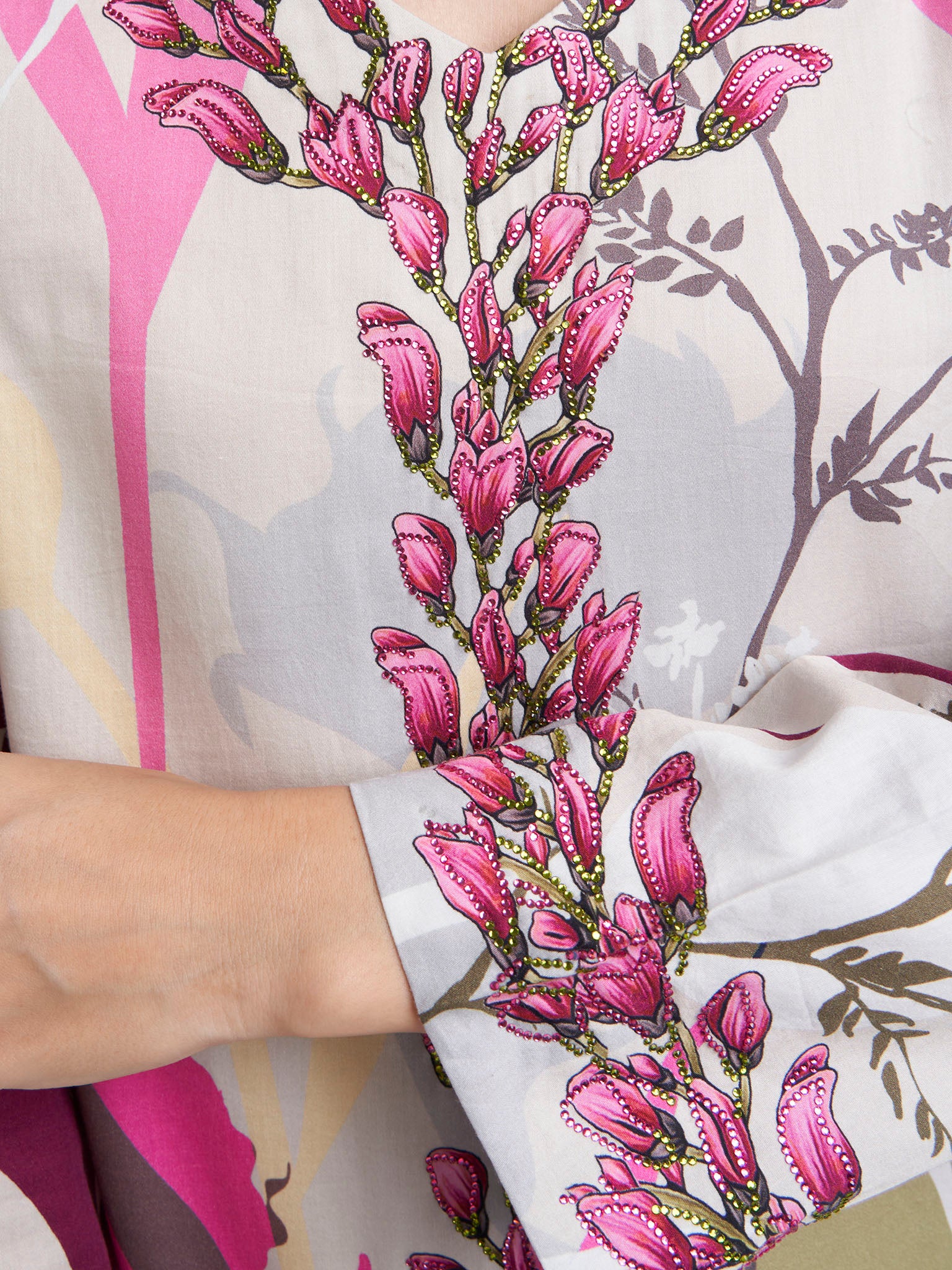 Cream Cotton Satin Floral Print Jalabiya (VDE113) - Image 5