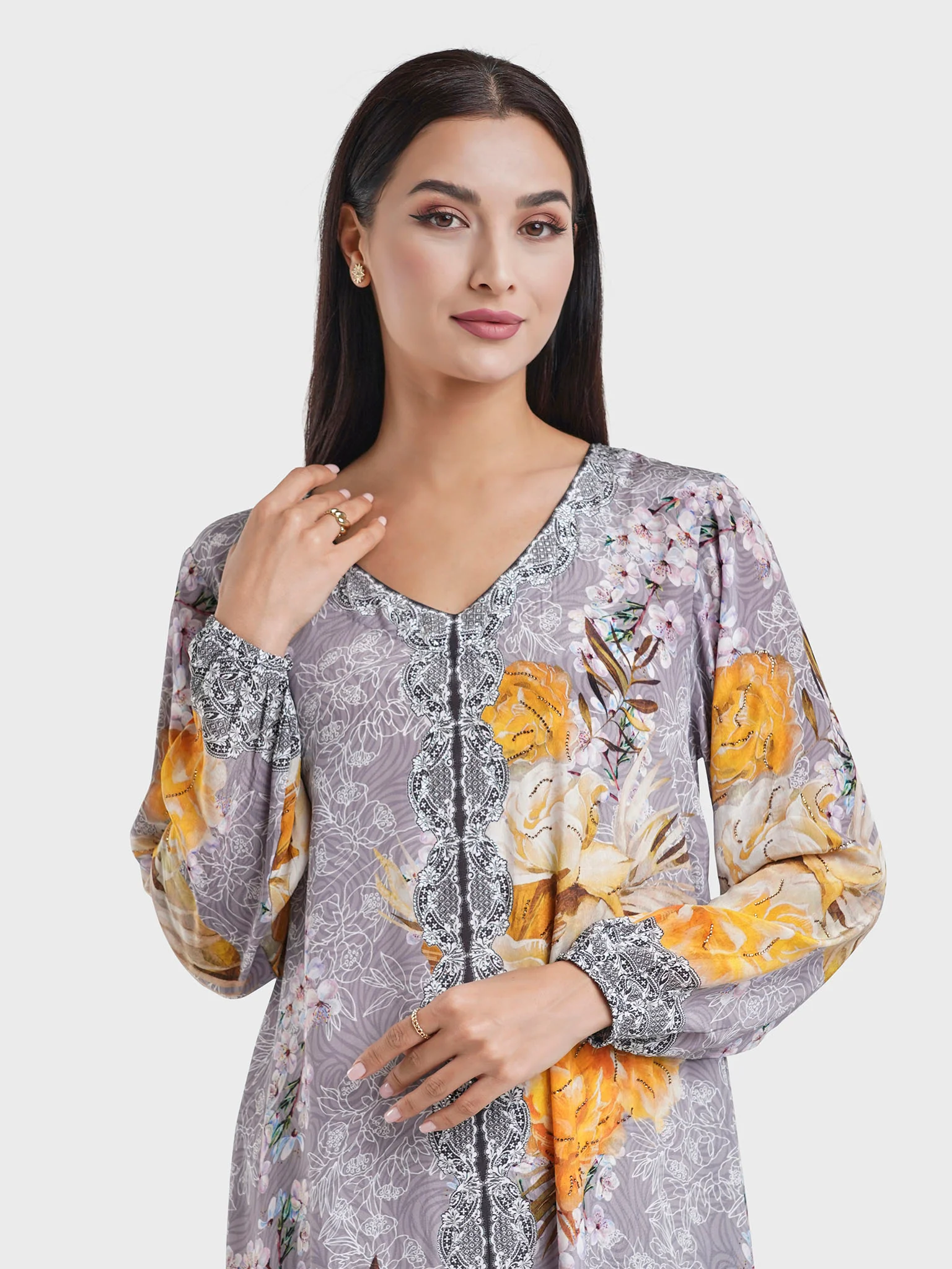 Grey Viscose Floral Digital Print Jalabiya (VDE386)