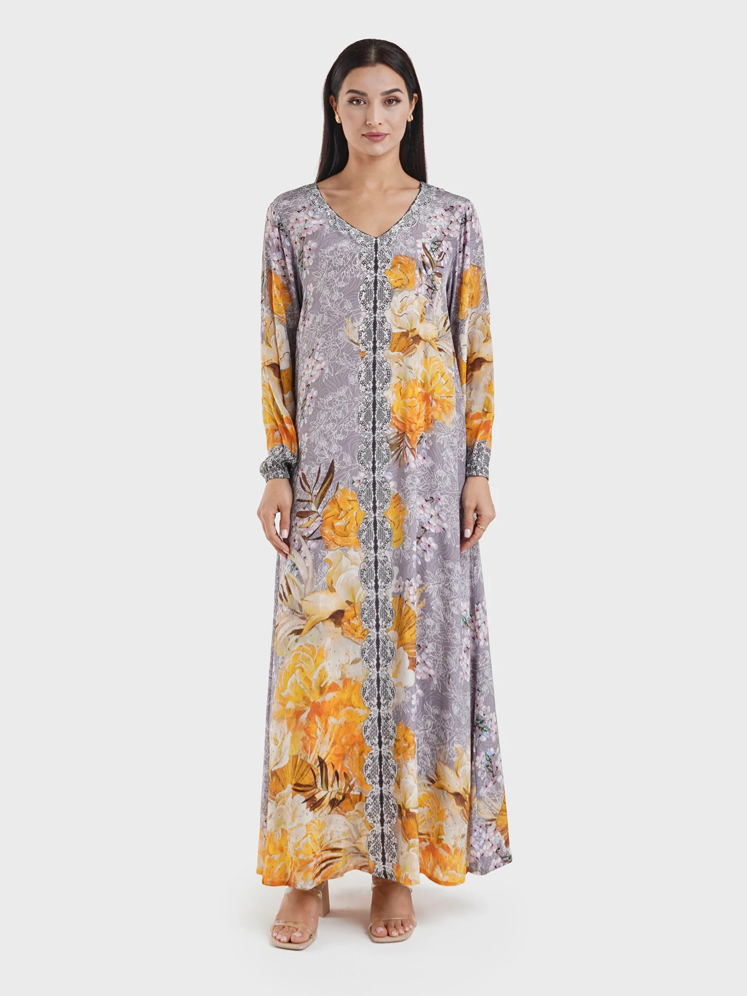 Grey Viscose Floral Digital Print Jalabiya (VDE386) - Image 2