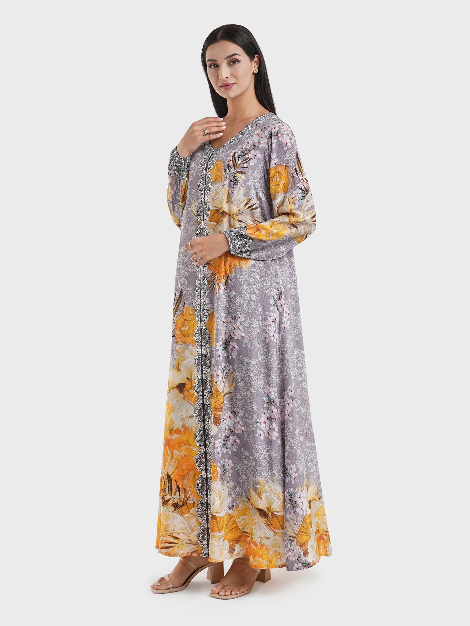 Grey Viscose Floral Digital Print Jalabiya (VDE386) - Image 3