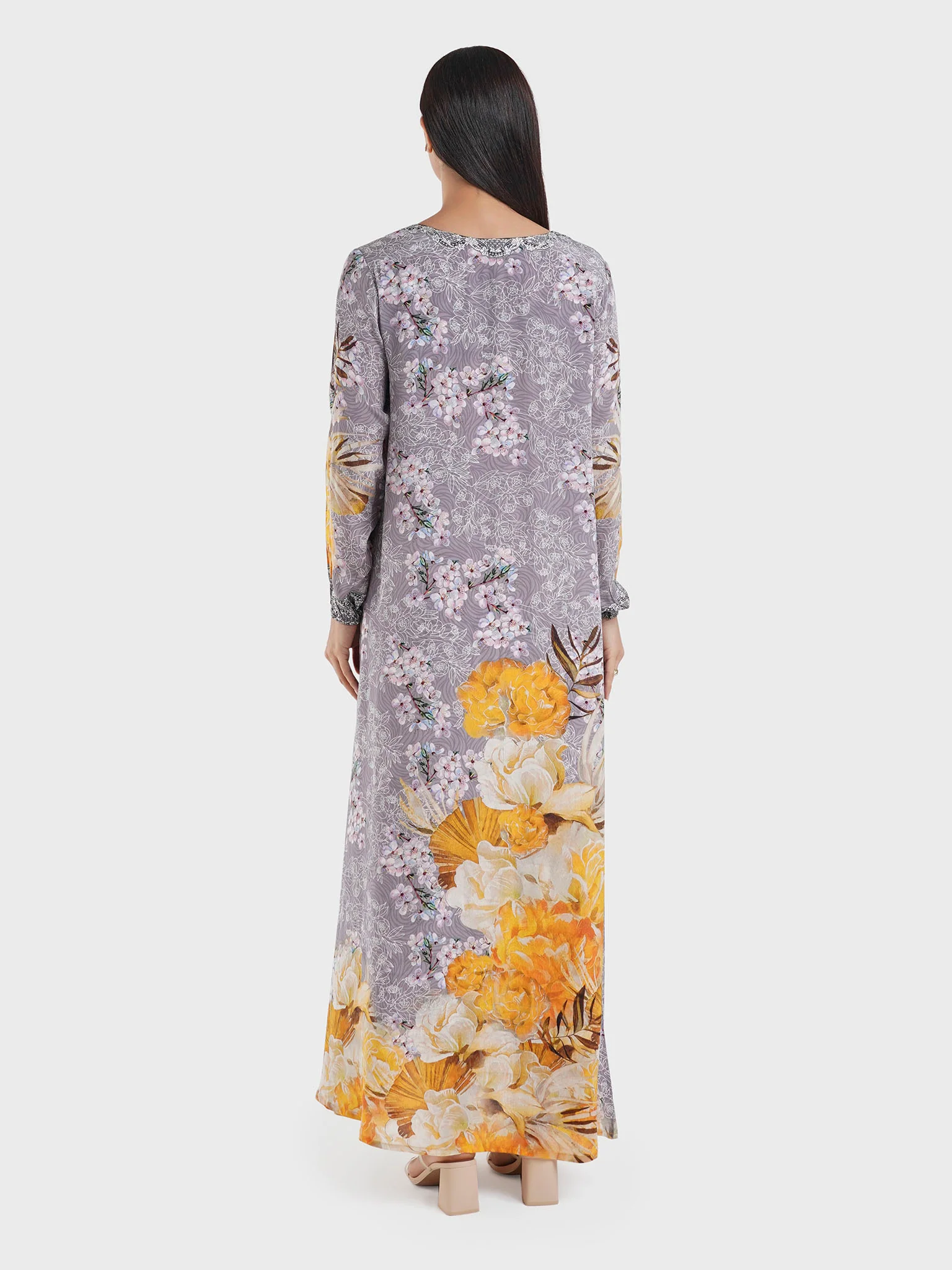 Grey Viscose Floral Digital Print Jalabiya (VDE386) - Image 4