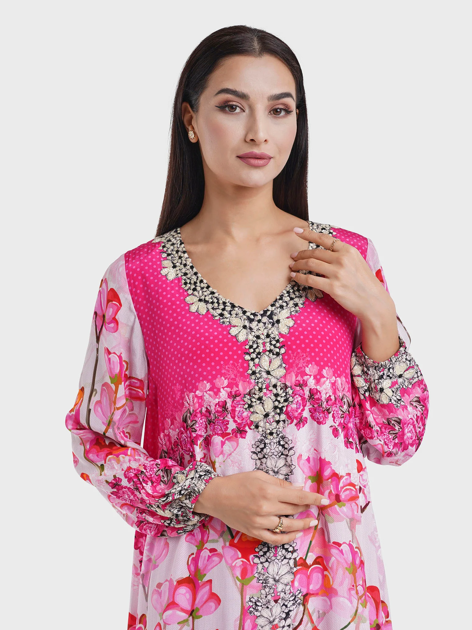 Viscose Pink Floral Print Handwork Jalabiya (VDE387)