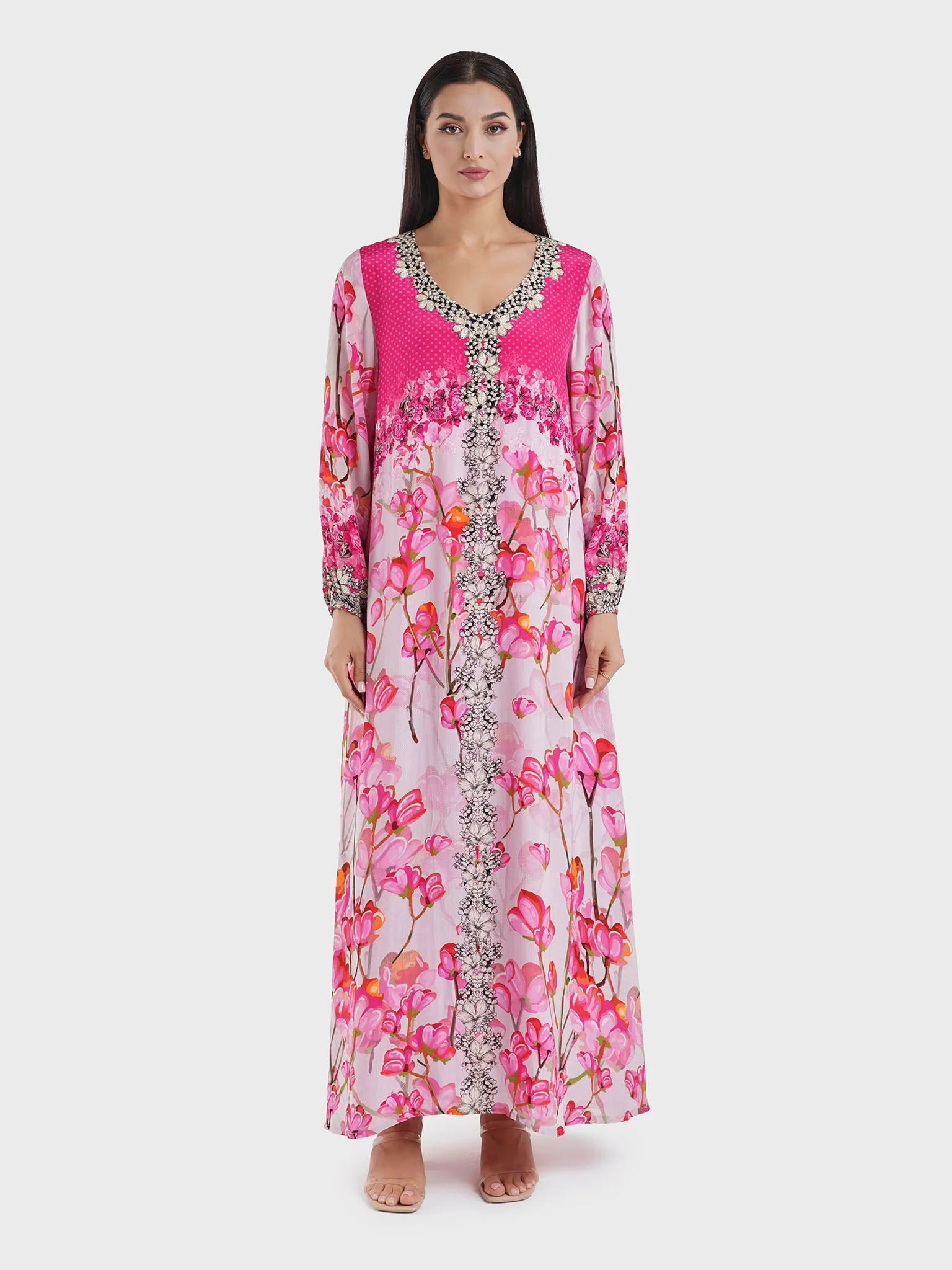 Viscose Pink Floral Print Handwork Jalabiya (VDE387) - Image 2