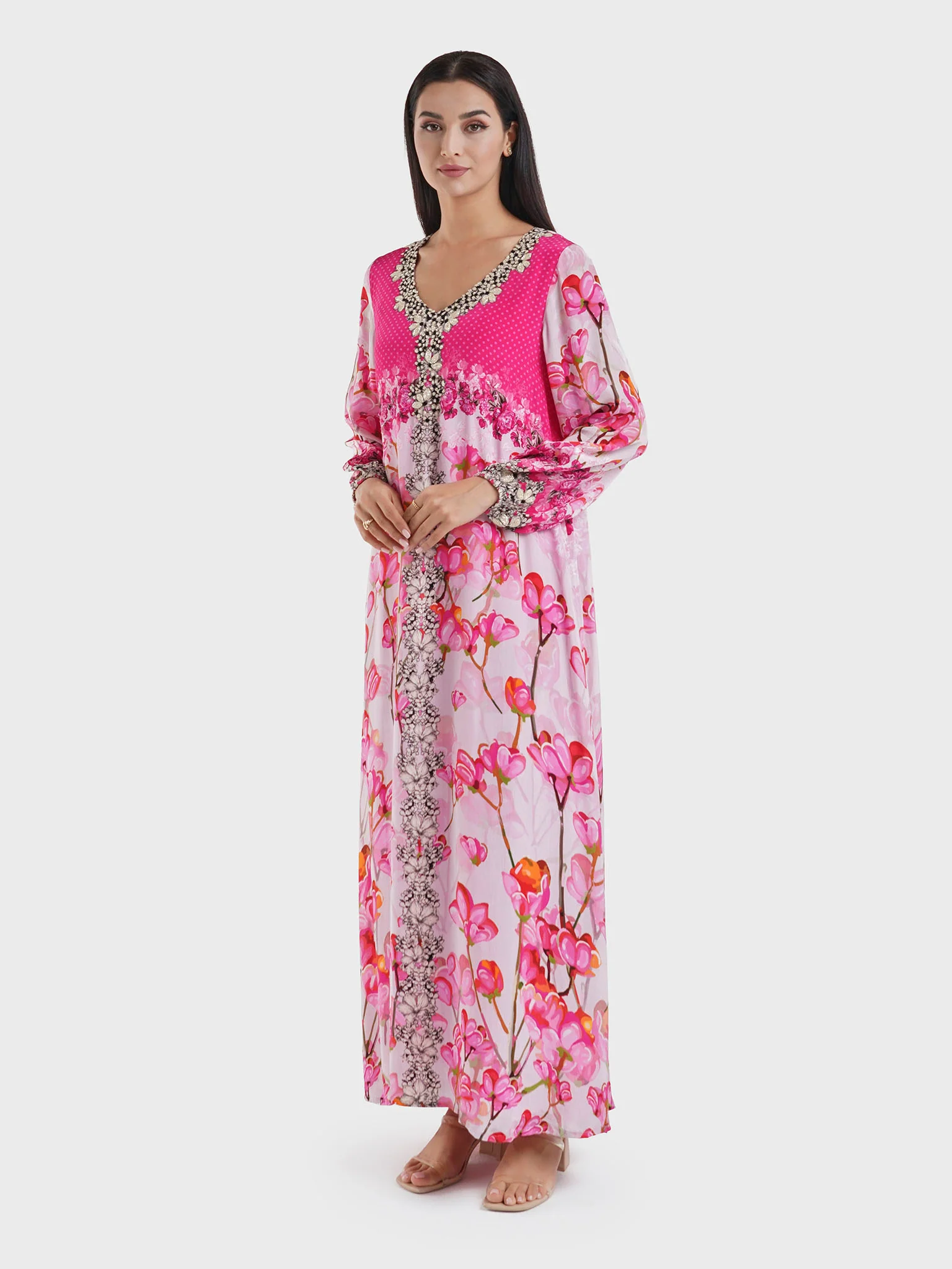 Viscose Pink Floral Print Handwork Jalabiya (VDE387) - Image 3