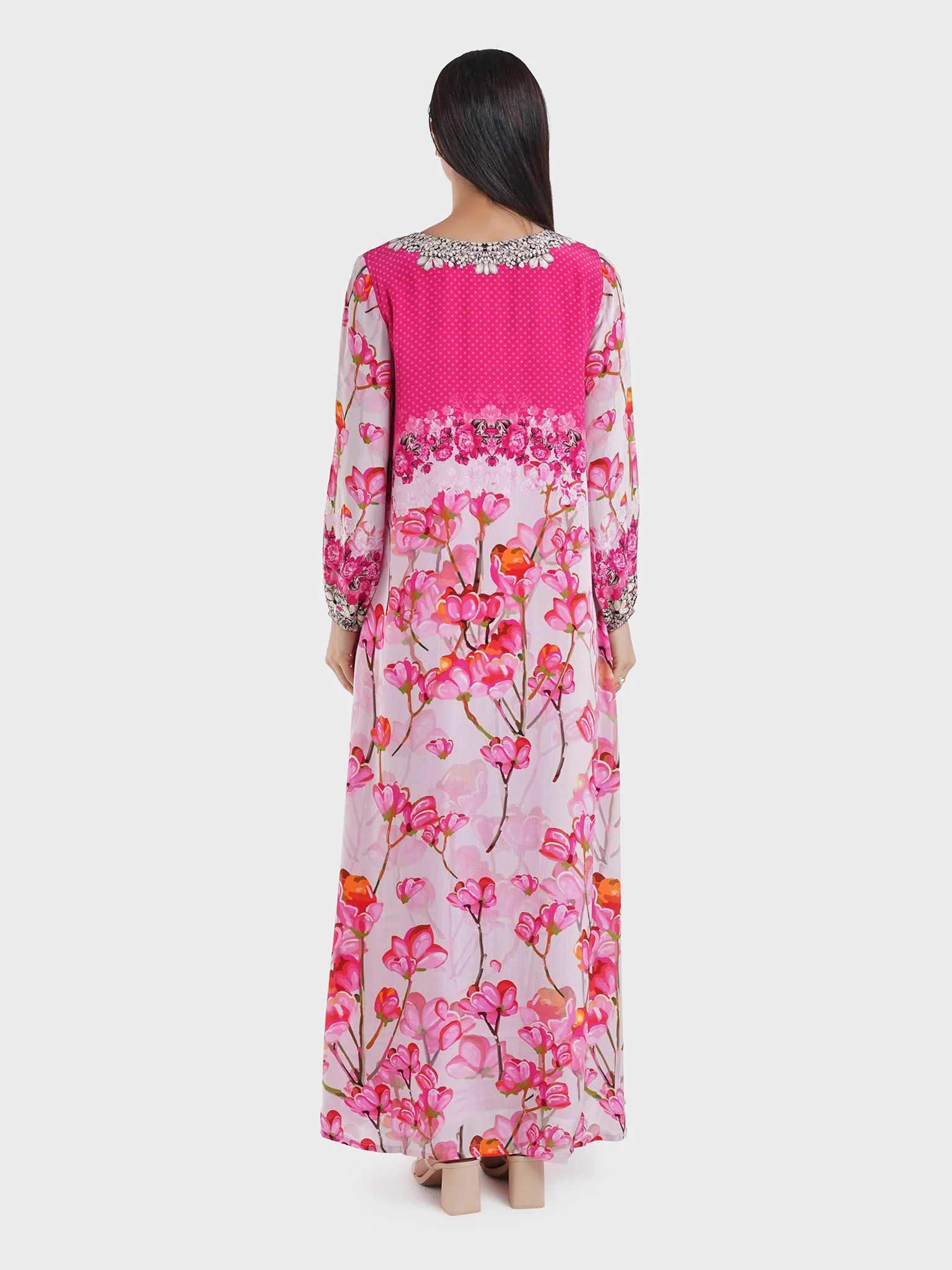 Viscose Pink Floral Print Handwork Jalabiya (VDE387) - Image 4
