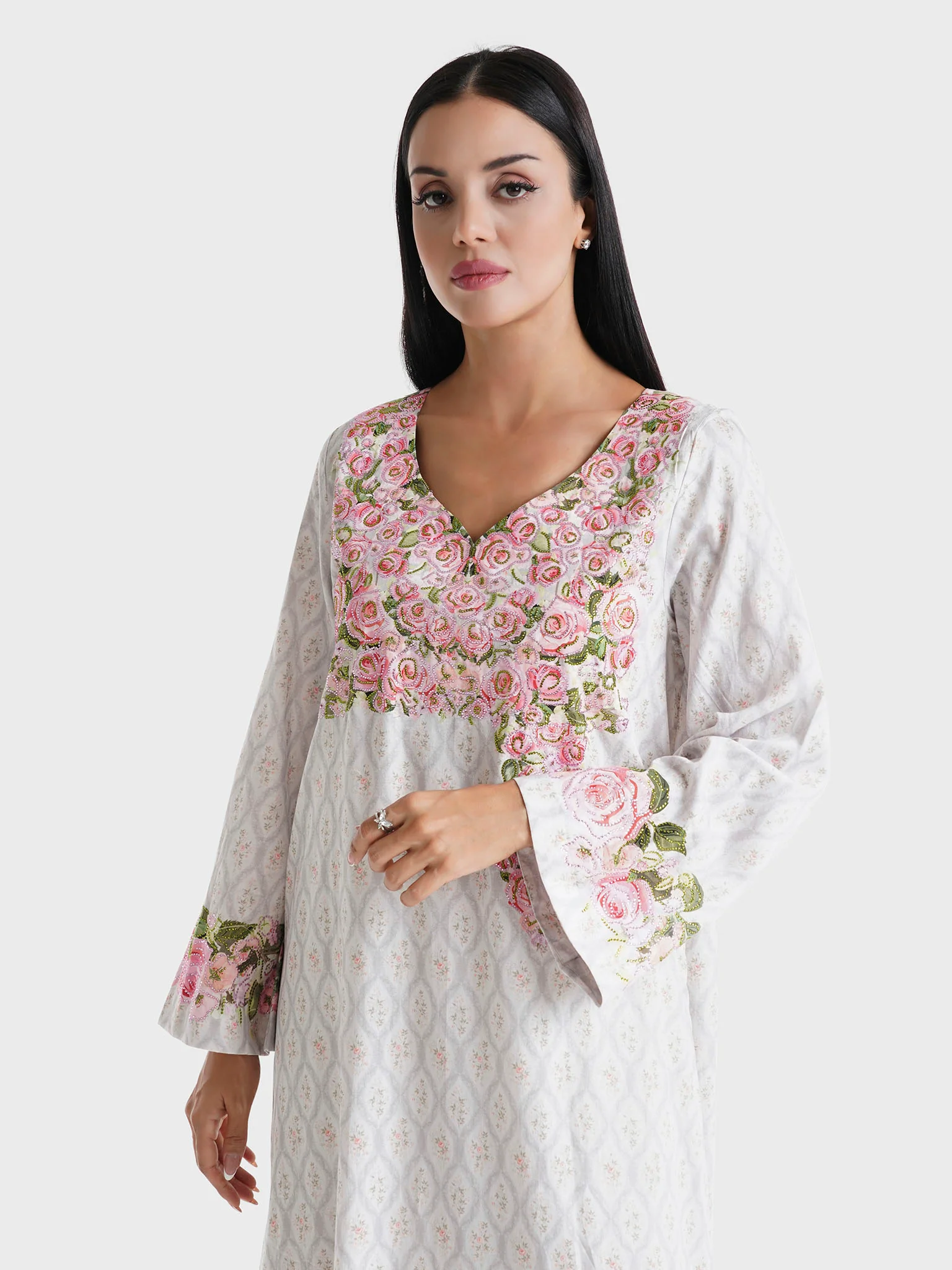 Ash Grey Floral Printed Cotton Satin Stone Work Jalabiya (VDE390)