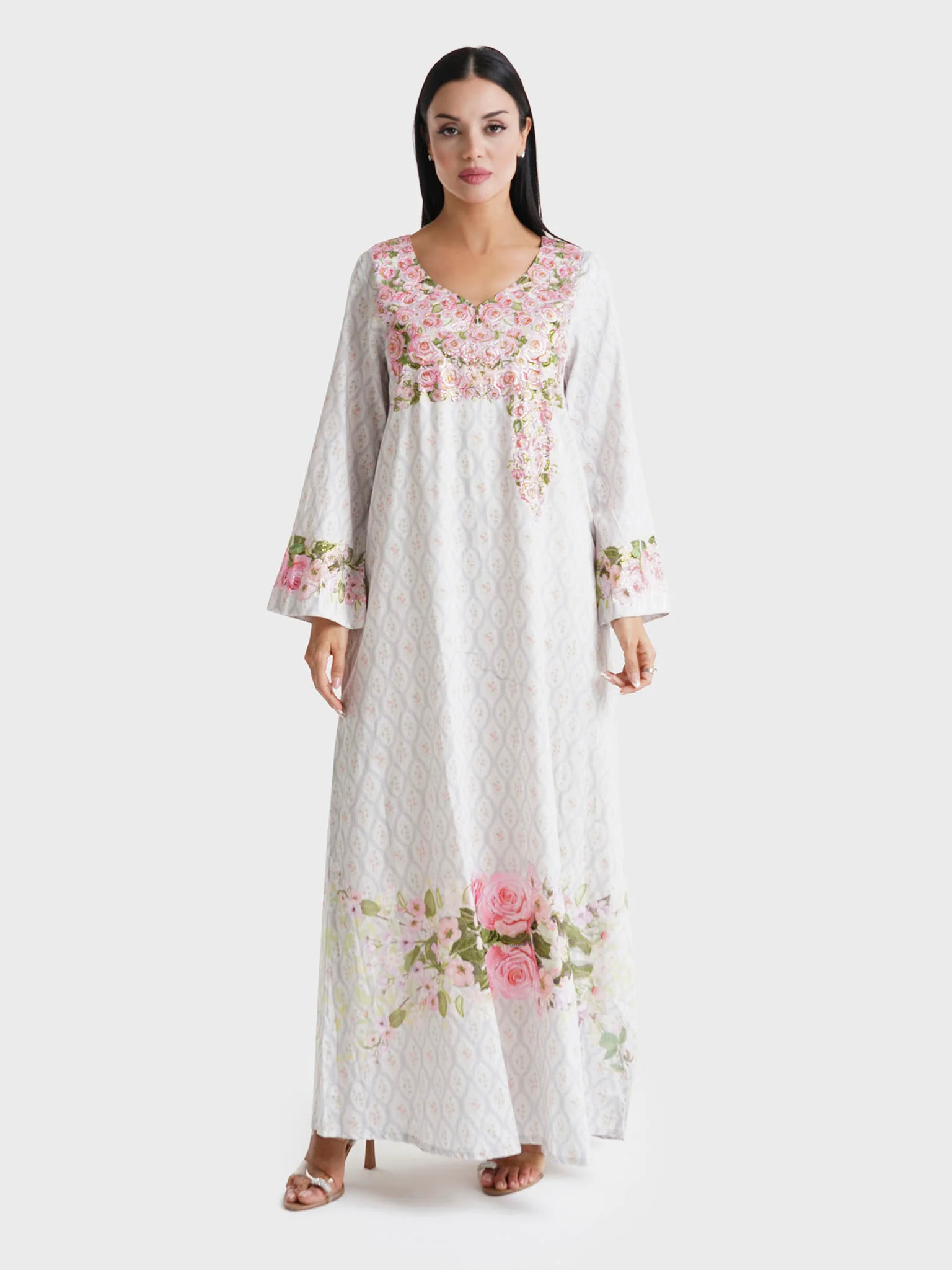Ash Grey Floral Printed Cotton Satin Stone Work Jalabiya (VDE390) - Image 2