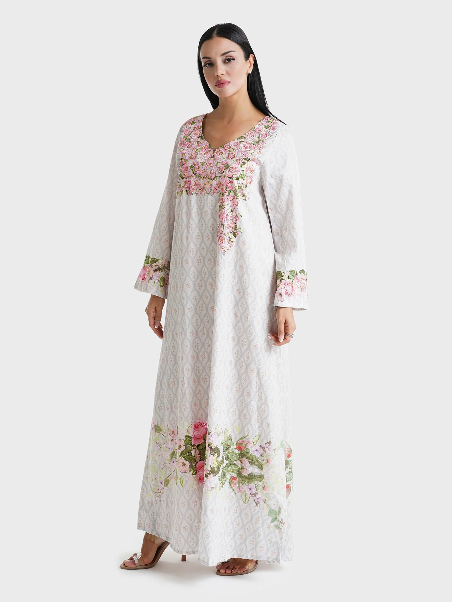 Ash Grey Floral Printed Cotton Satin Stone Work Jalabiya (VDE390) - Image 3