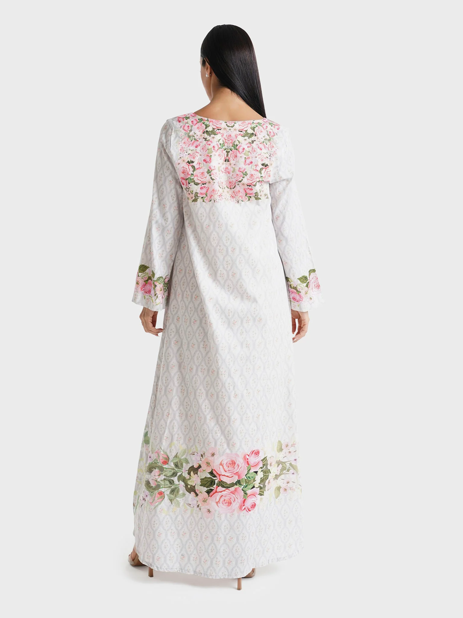 Ash Grey Floral Printed Cotton Satin Stone Work Jalabiya (VDE390) - Image 4