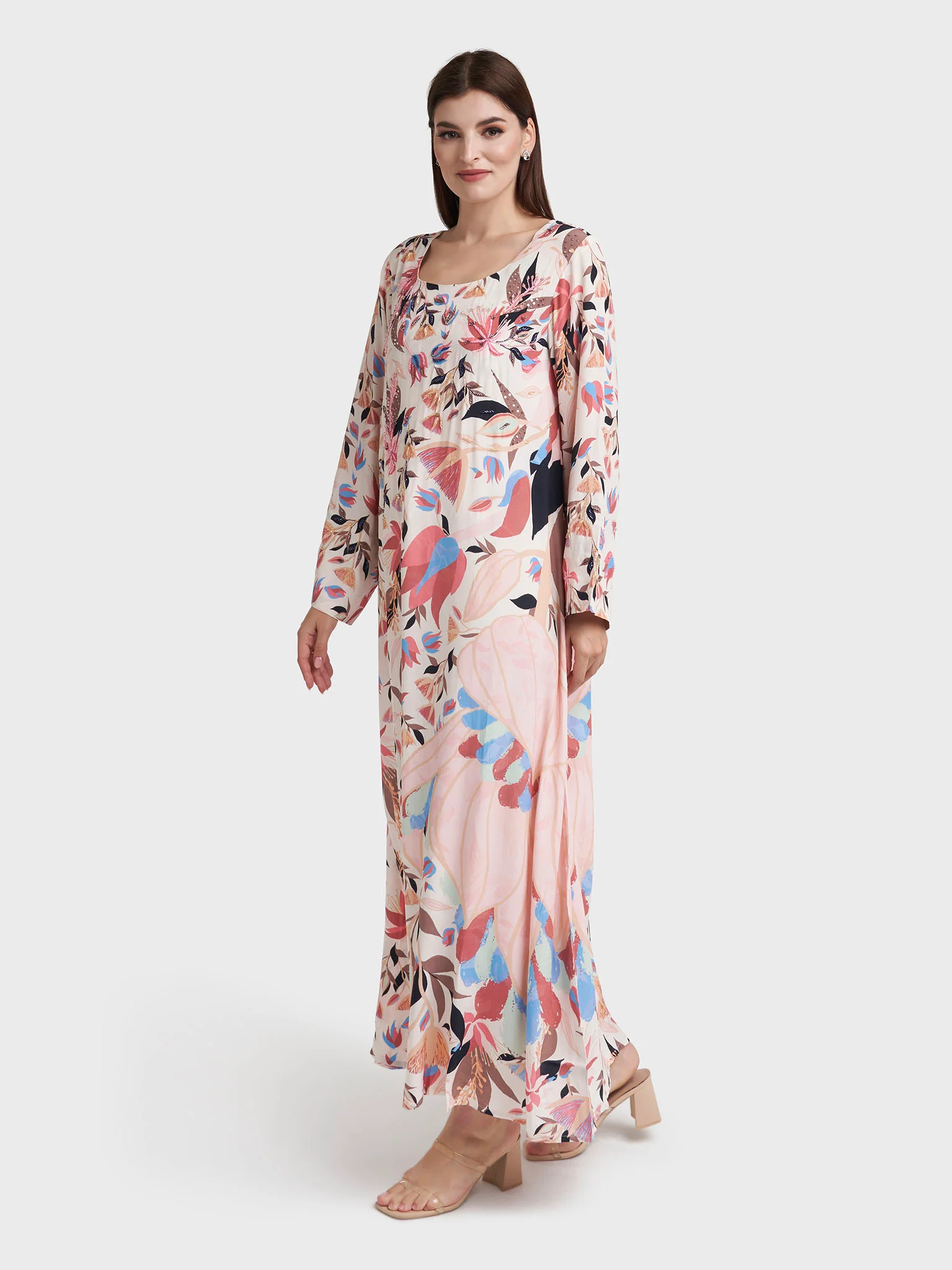 Light Peach Viscose Crepe Garden Print Jalabiya (VDK352) - Image 3