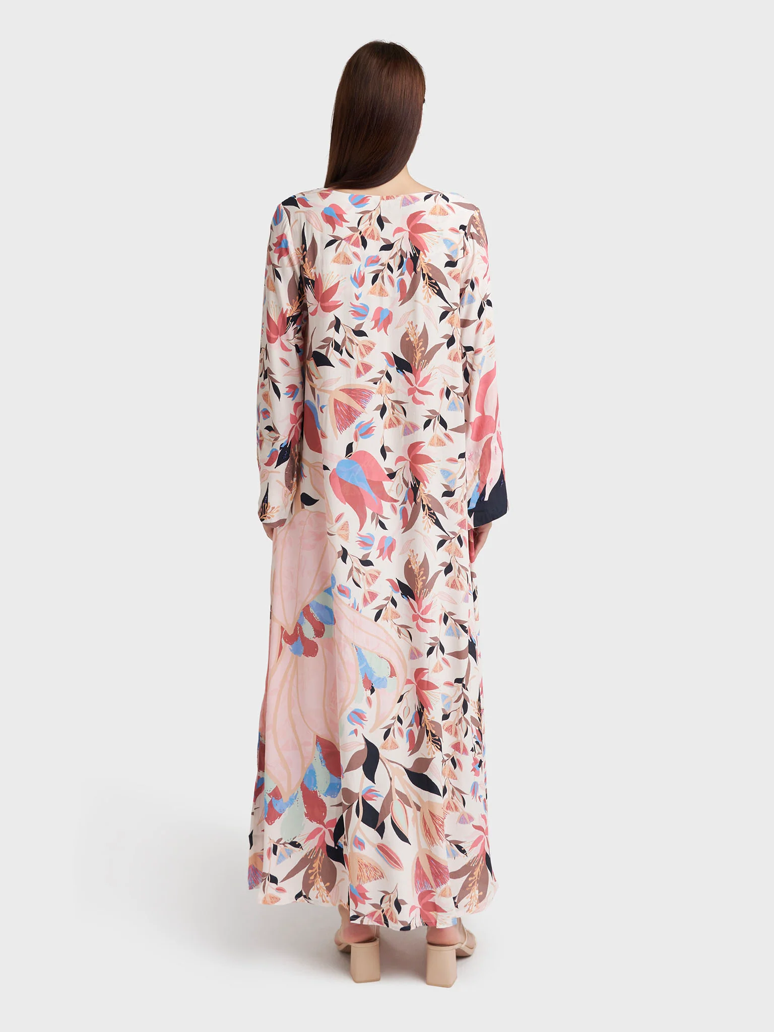 Light Peach Viscose Crepe Garden Print Jalabiya (VDK352) - Image 4