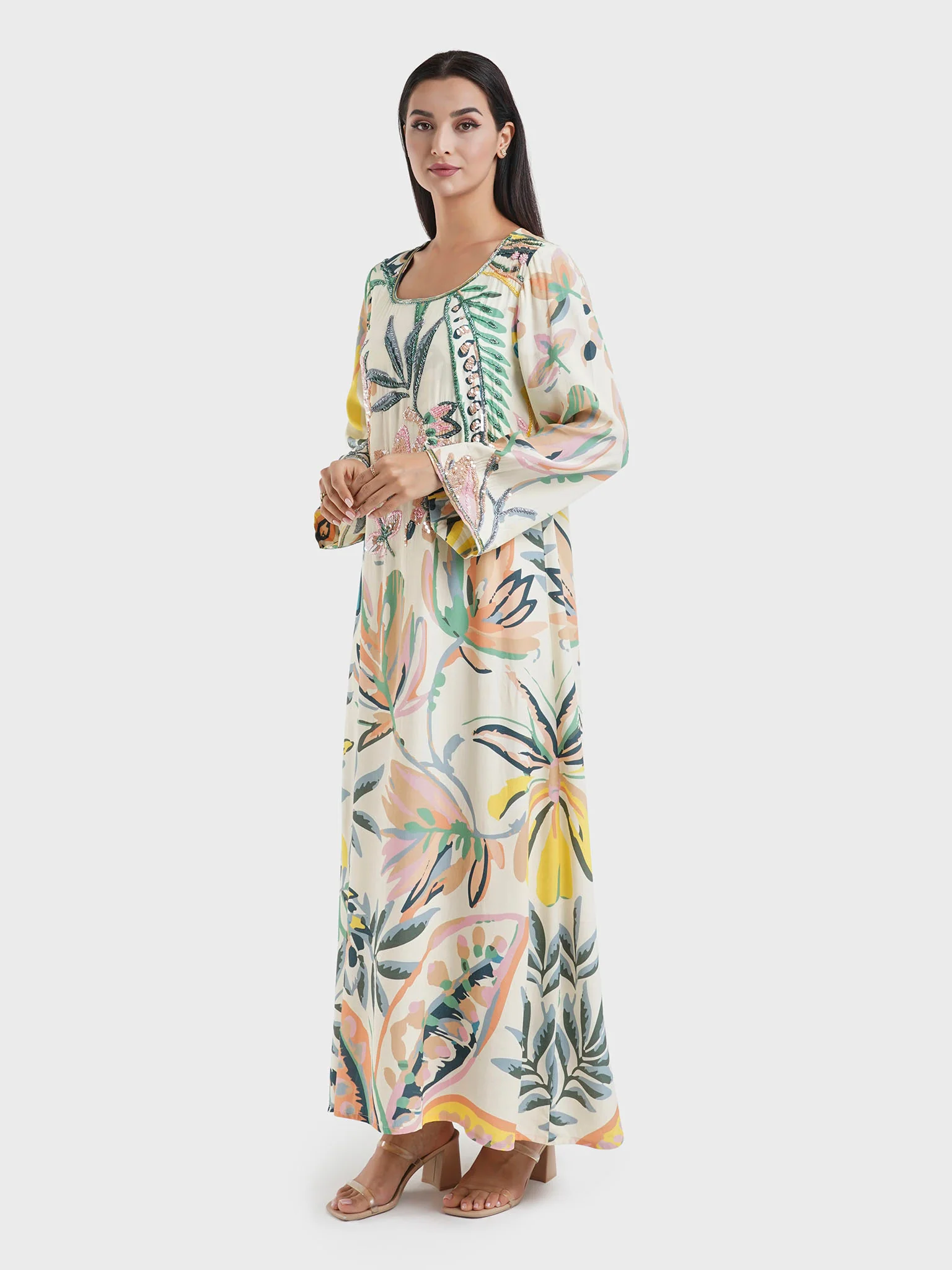 Light Yellow Floral Print Jalabiya with Sequins Work (VDK358) - Image 3
