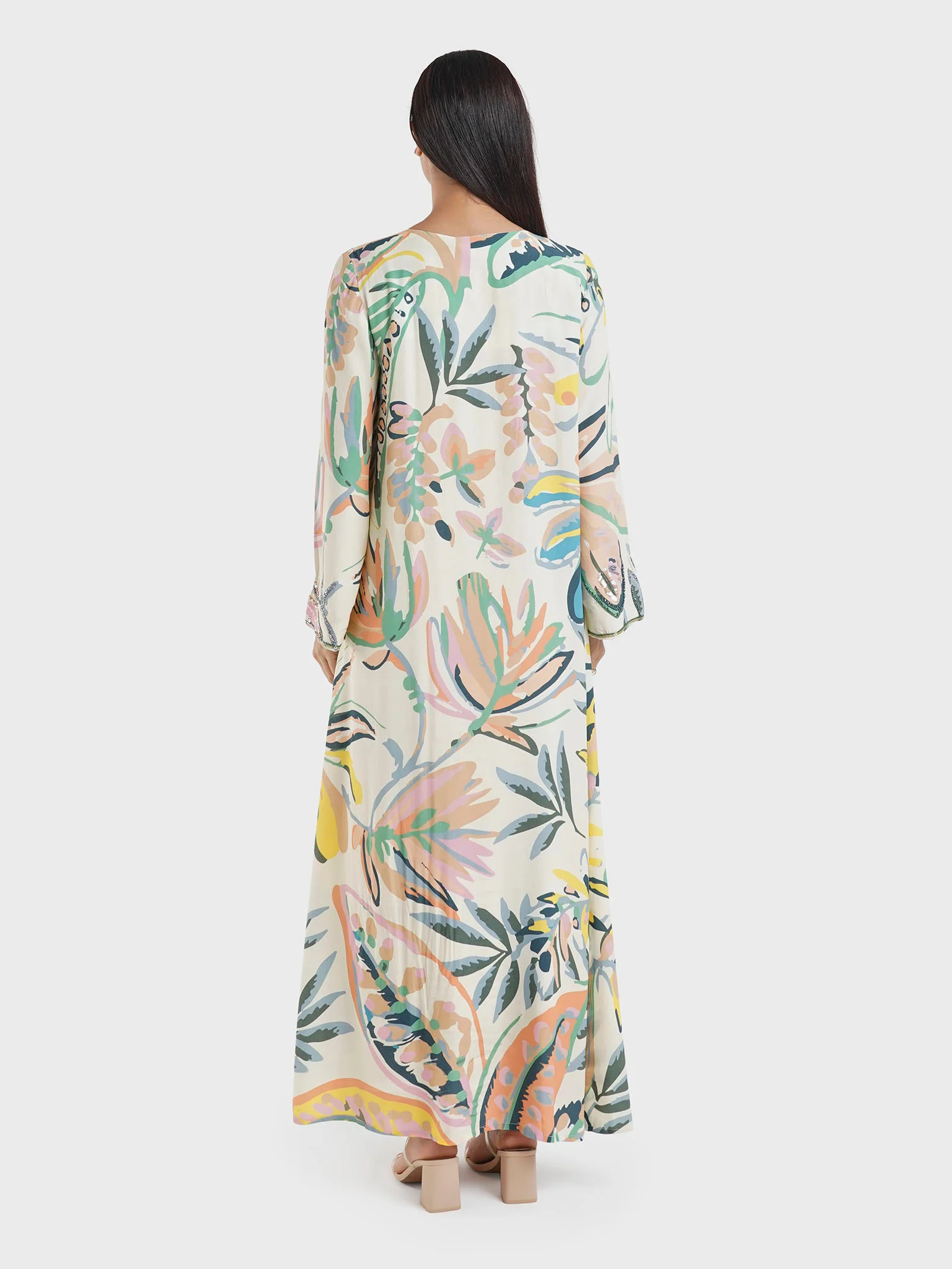 Light Yellow Floral Print Jalabiya with Sequins Work (VDK358) - Image 4