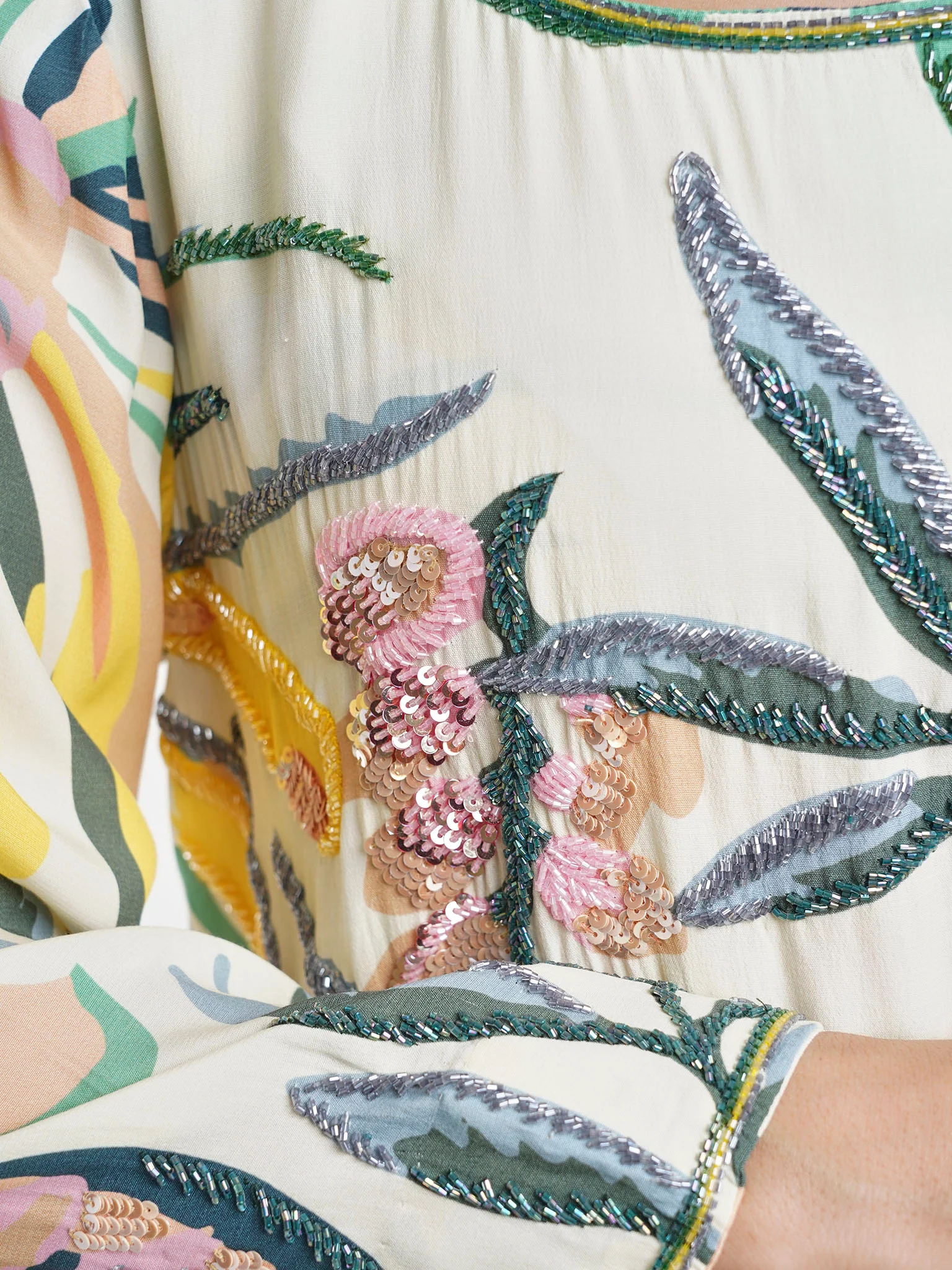 Light Yellow Floral Print Jalabiya with Sequins Work (VDK358) - Image 5