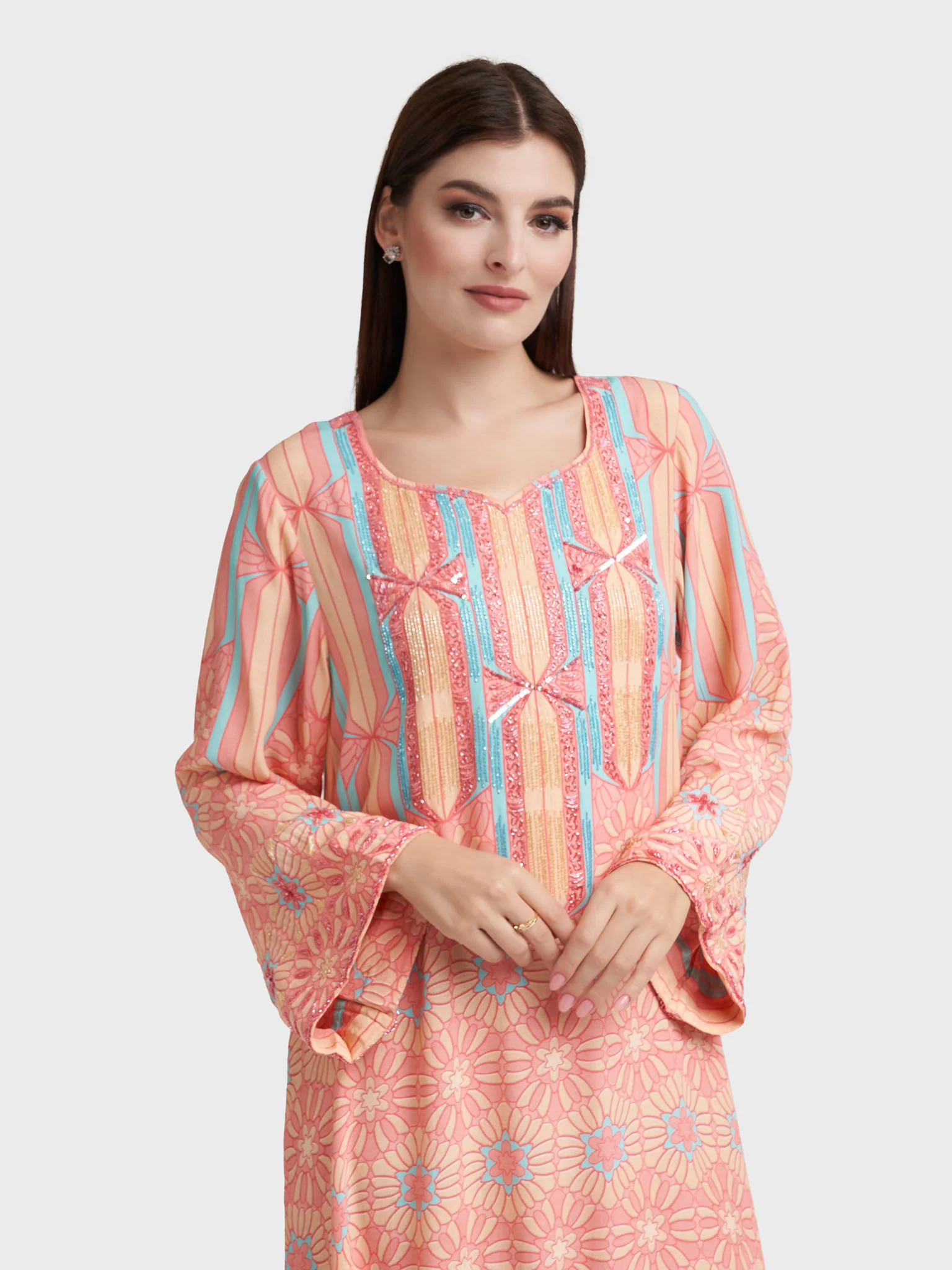 Apricot Viscose Crepe Abstract Print Jalabiya (VDK365)