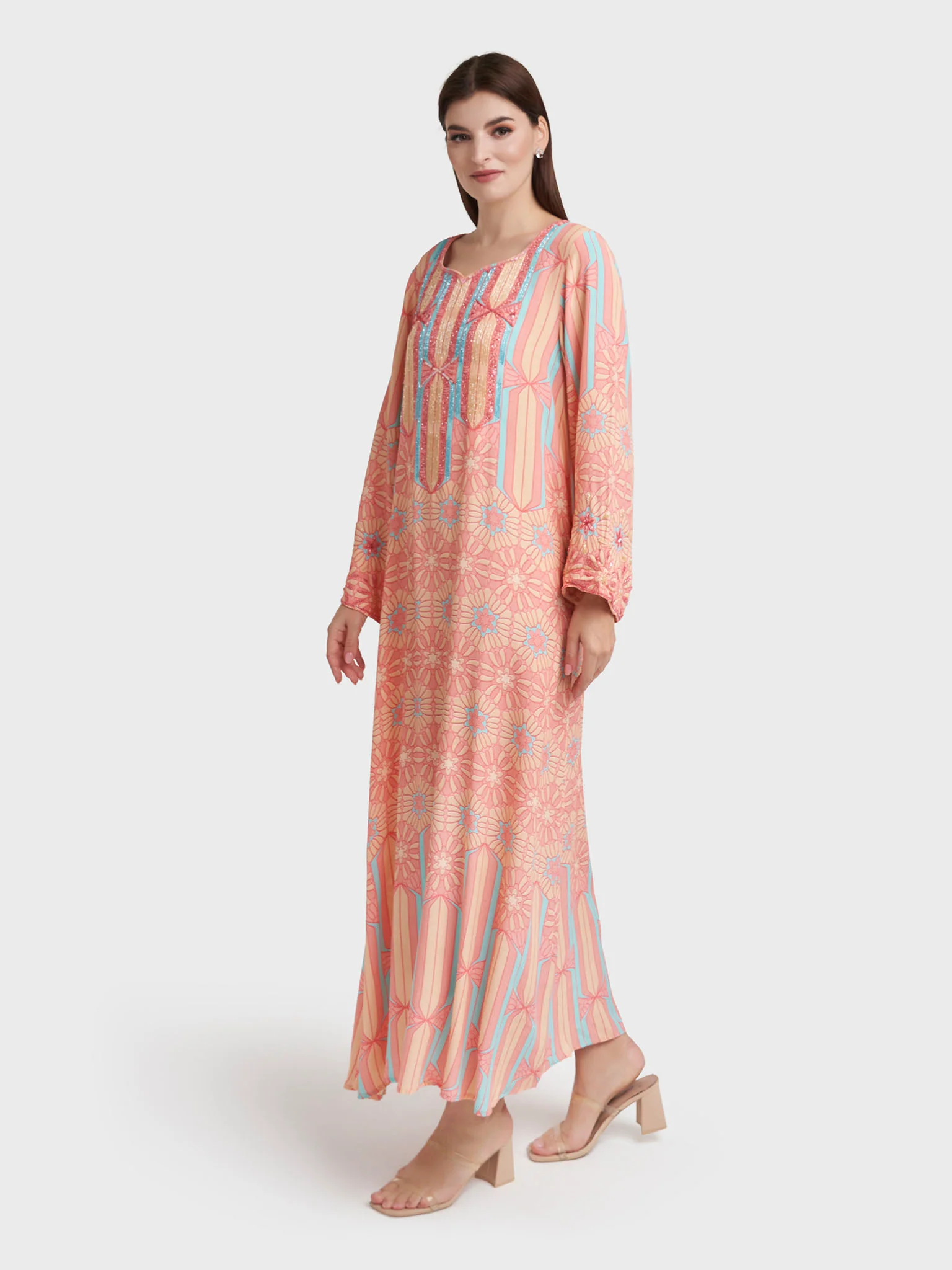 Apricot Viscose Crepe Abstract Print Jalabiya (VDK365) - Image 2