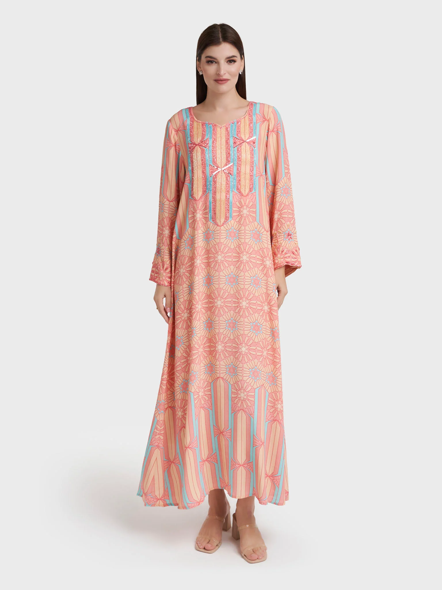 Apricot Viscose Crepe Abstract Print Jalabiya (VDK365) - Image 3