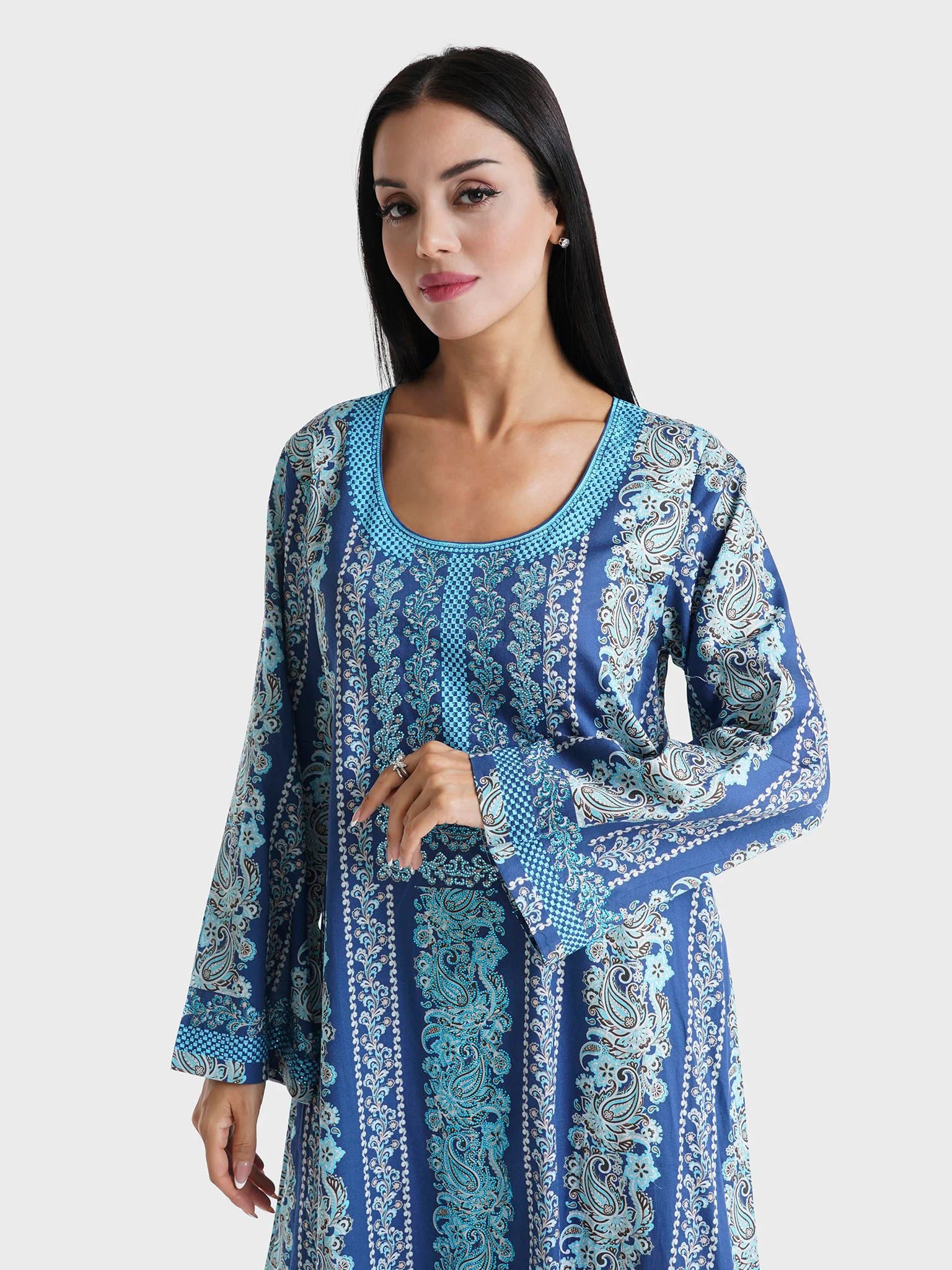 Navy Blue Paisley Motif Printed Cotton Satin Jalabiya (VDM755)