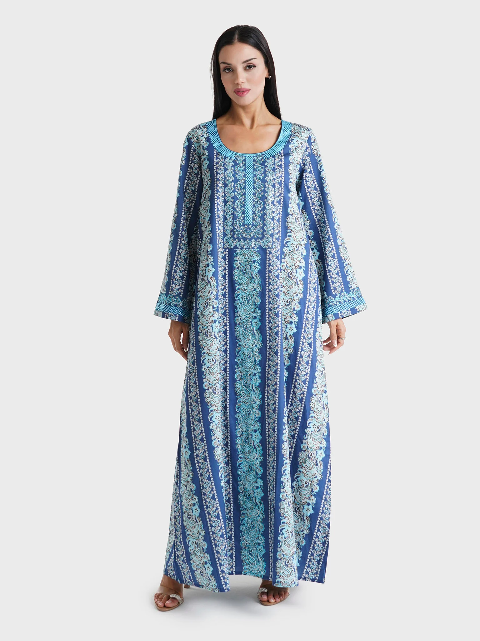 Navy Blue Paisley Motif Printed Cotton Satin Jalabiya (VDM755) - Image 2