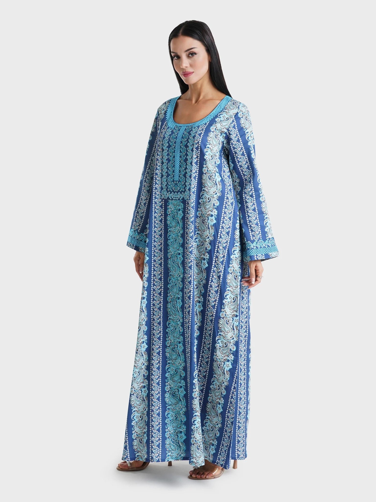Navy Blue Paisley Motif Printed Cotton Satin Jalabiya (VDM755) - Image 3