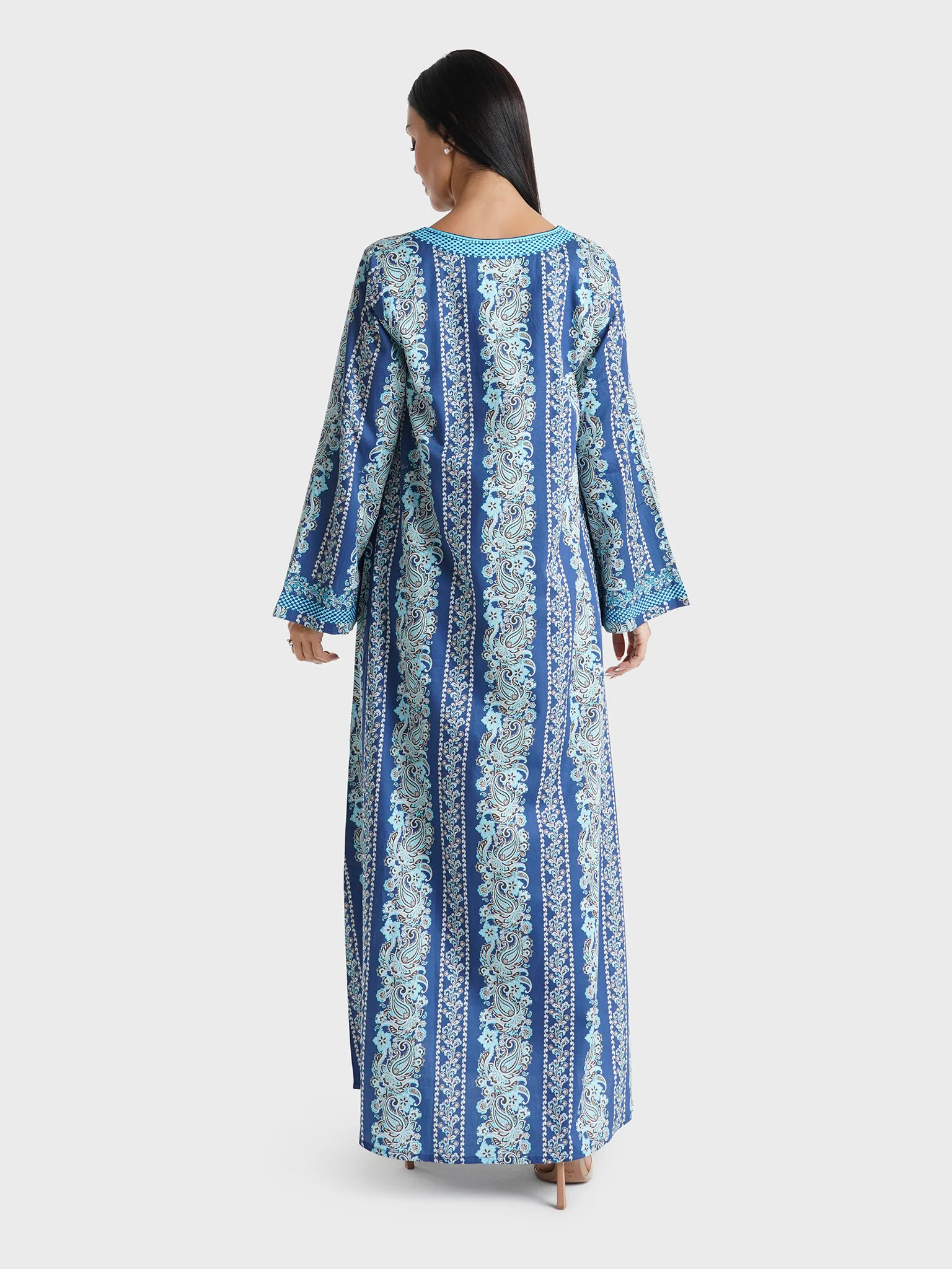 Navy Blue Paisley Motif Printed Cotton Satin Jalabiya (VDM755) - Image 4