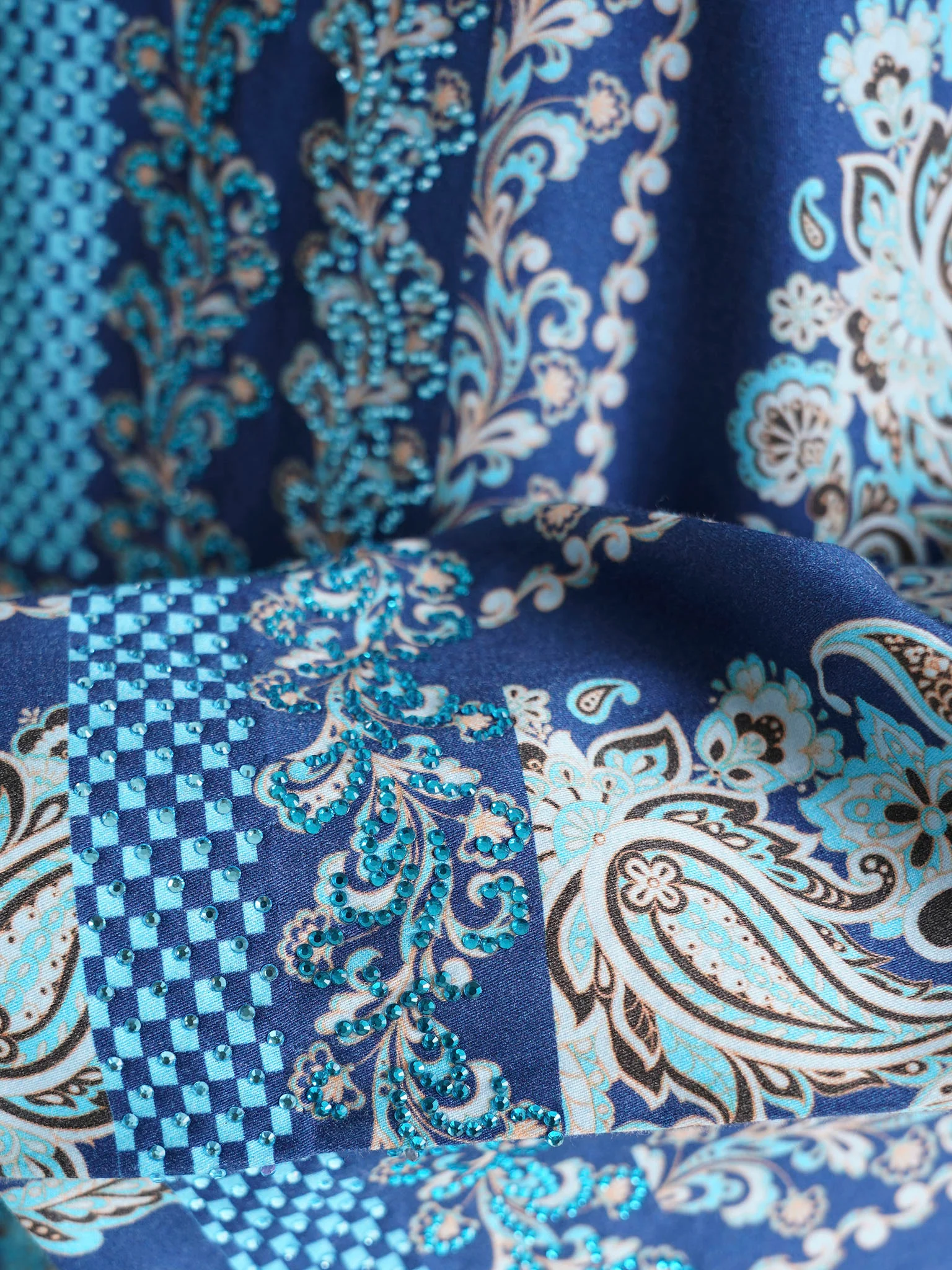 Navy Blue Paisley Motif Printed Cotton Satin Jalabiya (VDM755) - Image 5