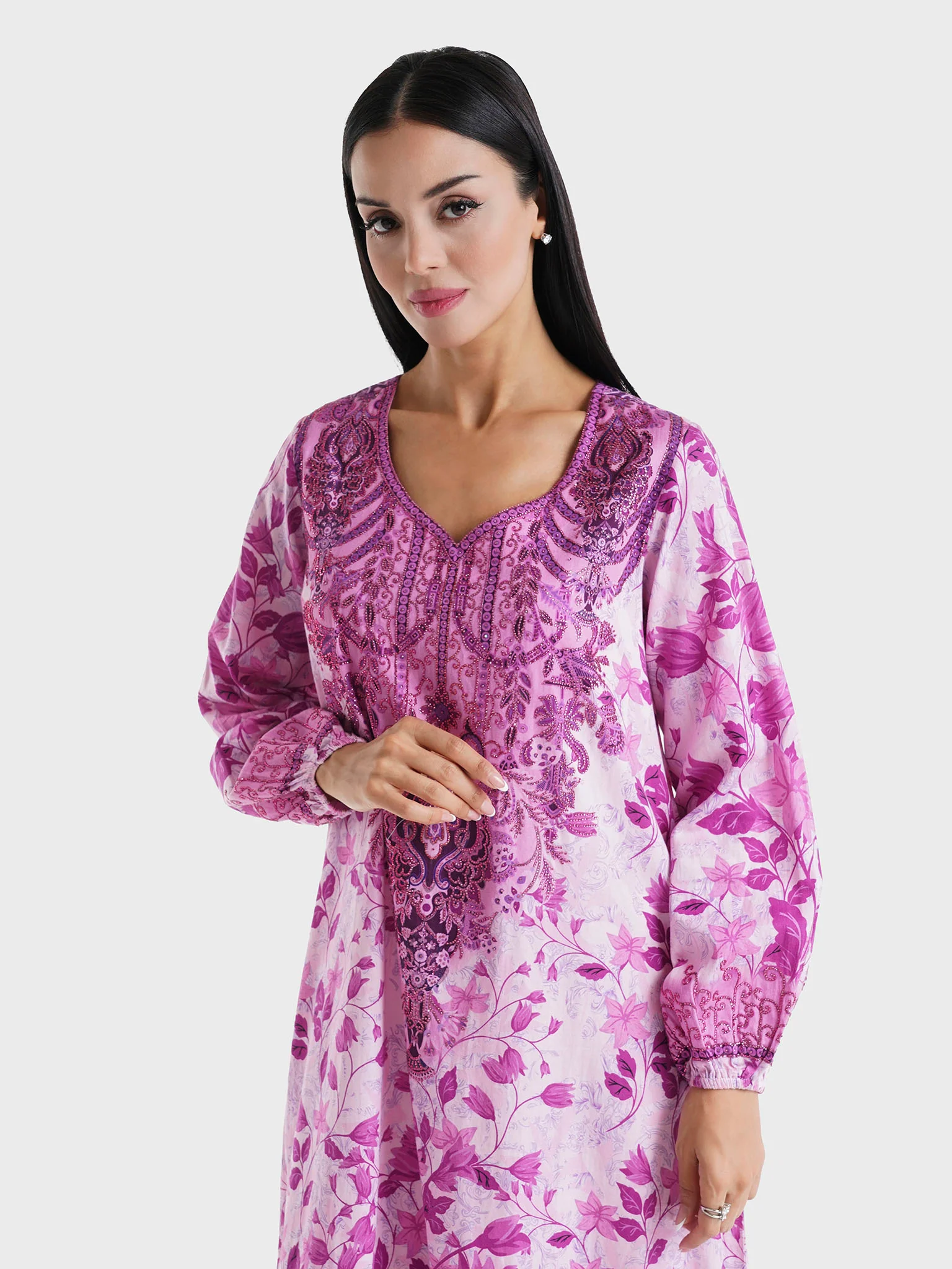 Pink Floral Printed Cotton Satin Stone Work Jalabiya (VDM757)