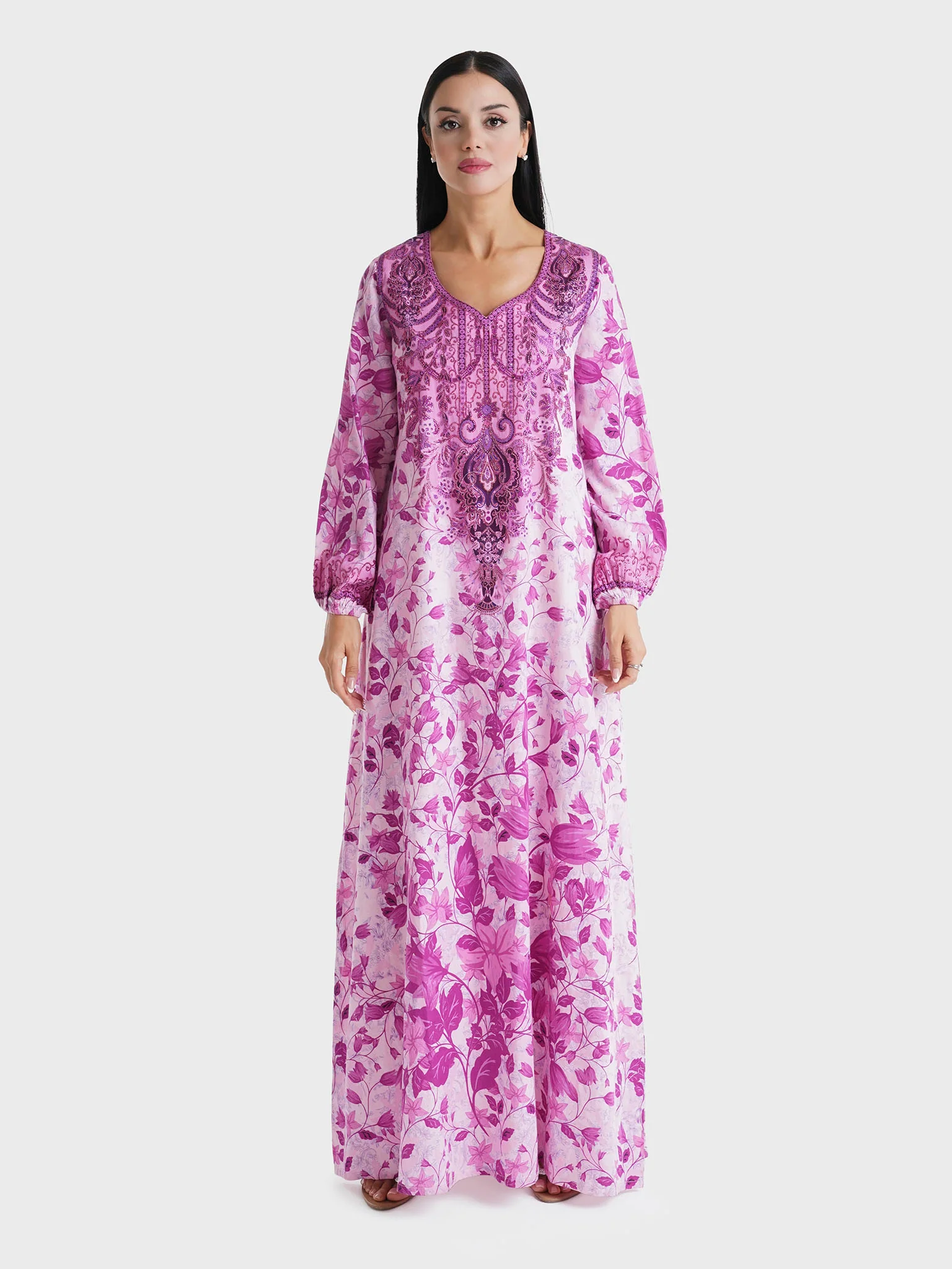 Pink Floral Printed Cotton Satin Stone Work Jalabiya (VDM757) - Image 2