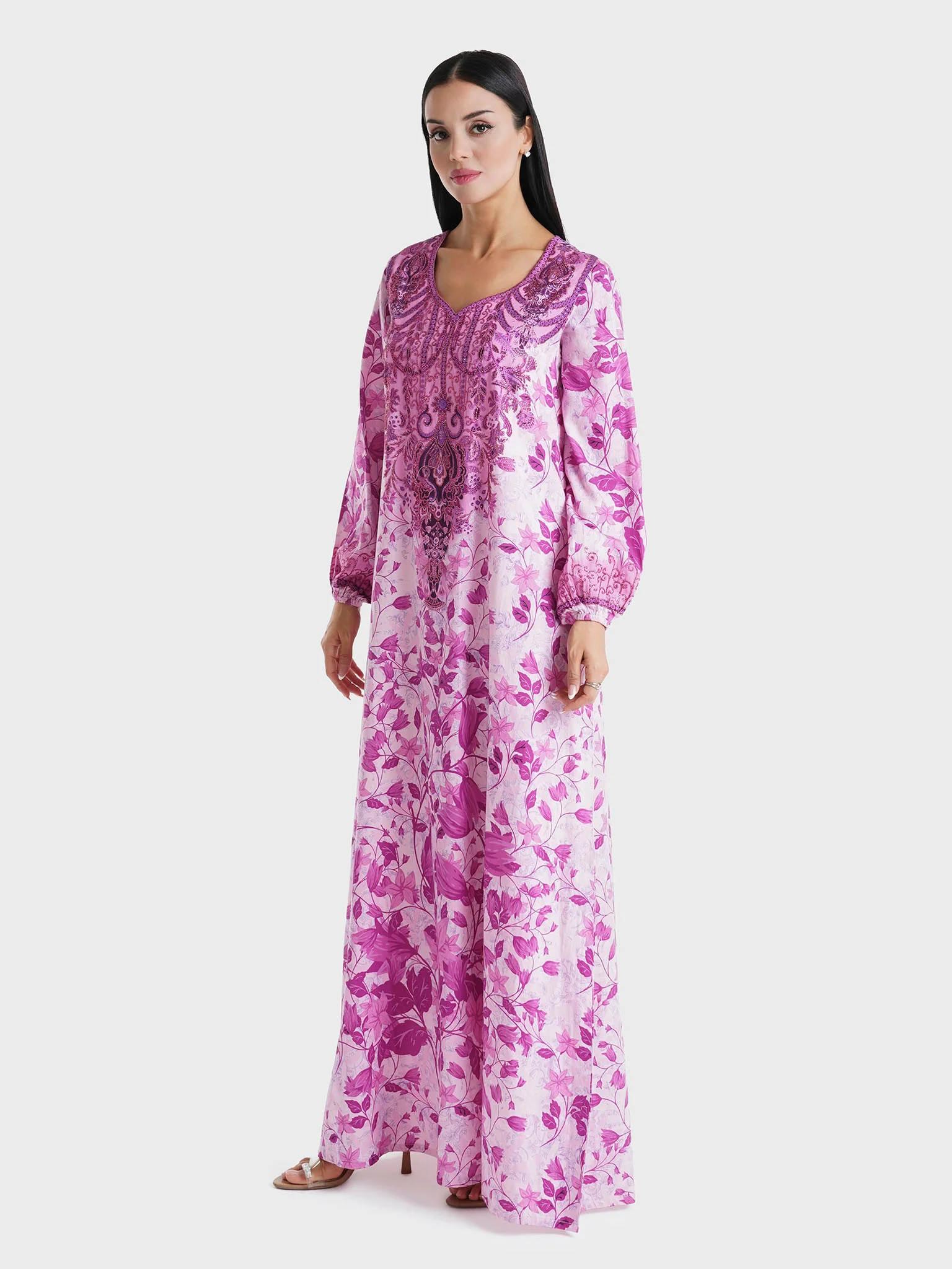 Pink Floral Printed Cotton Satin Stone Work Jalabiya (VDM757) - Image 3