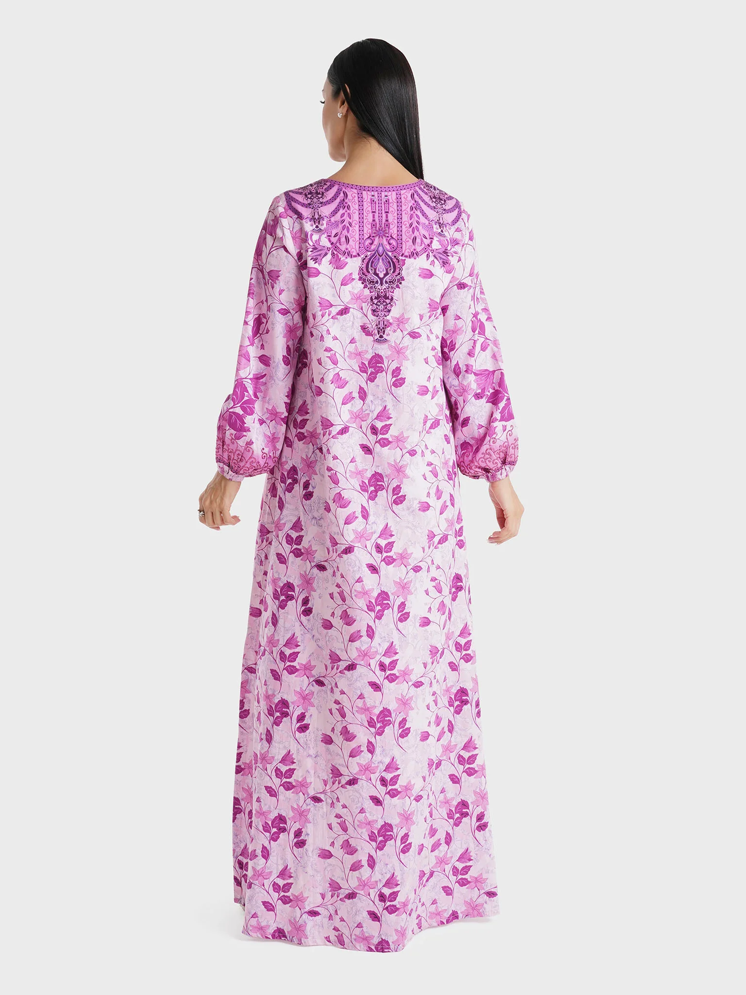 Pink Floral Printed Cotton Satin Stone Work Jalabiya (VDM757) - Image 4