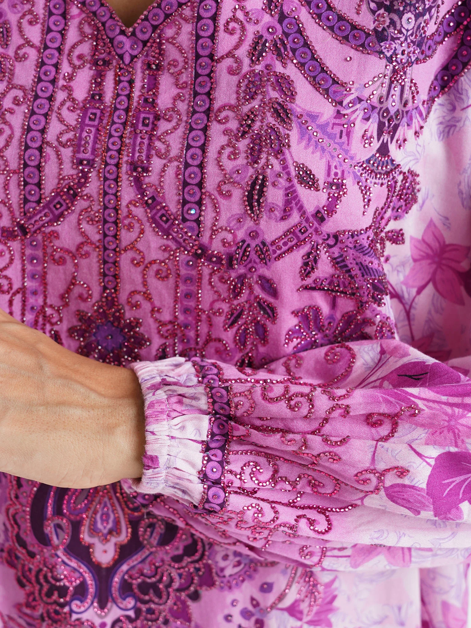 Pink Floral Printed Cotton Satin Stone Work Jalabiya (VDM757) - Image 5
