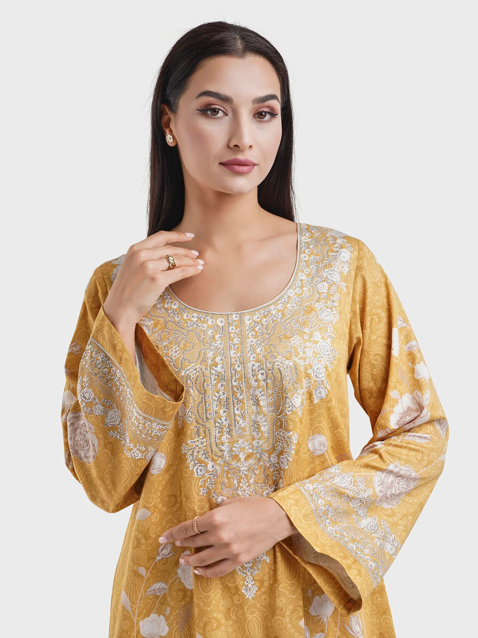 Mustard Cotton Satin Floral Print Jalabiya with Stonework (VDM884)
