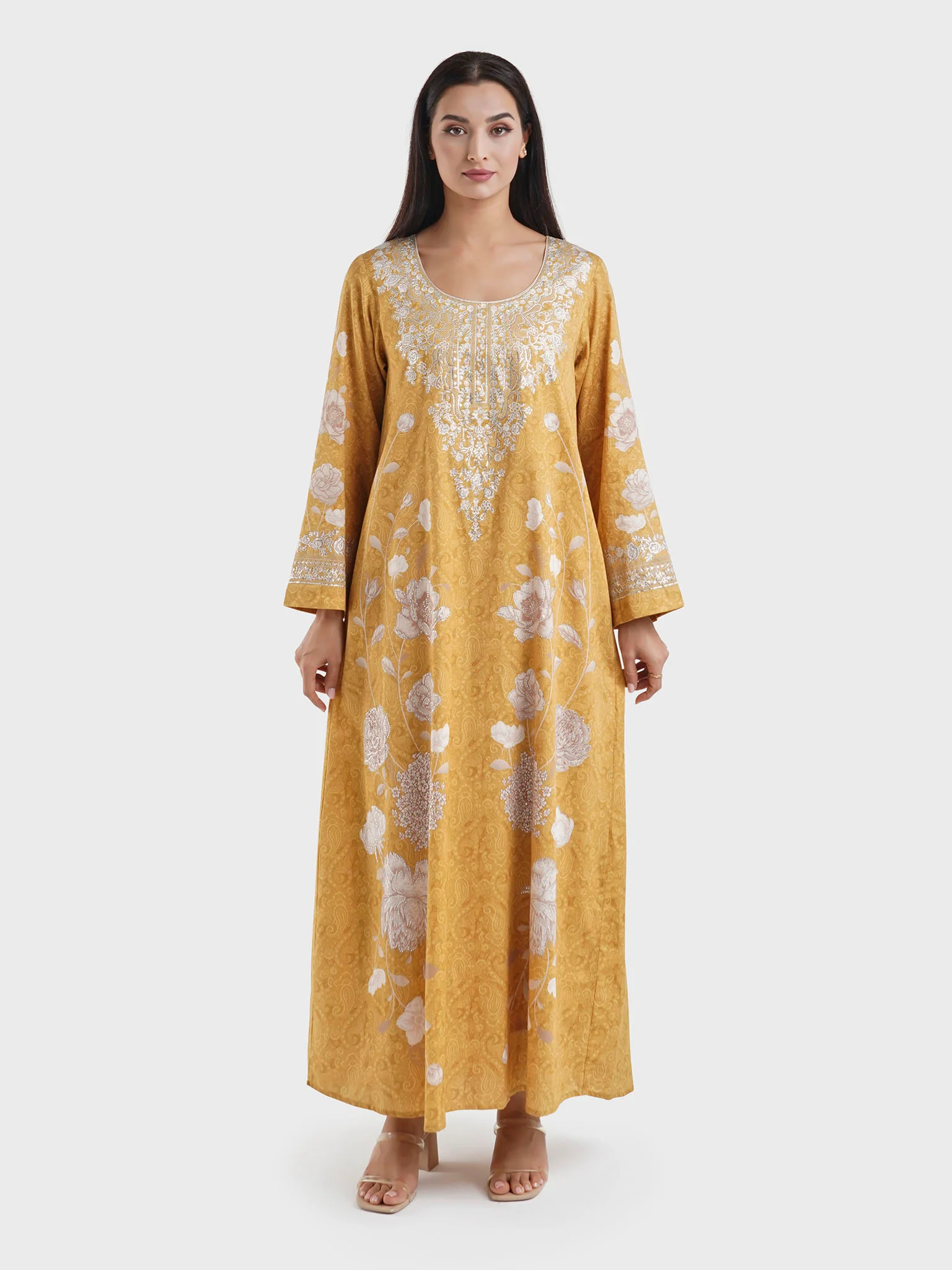 Mustard Cotton Satin Floral Print Jalabiya with Stonework (VDM884) - Image 2