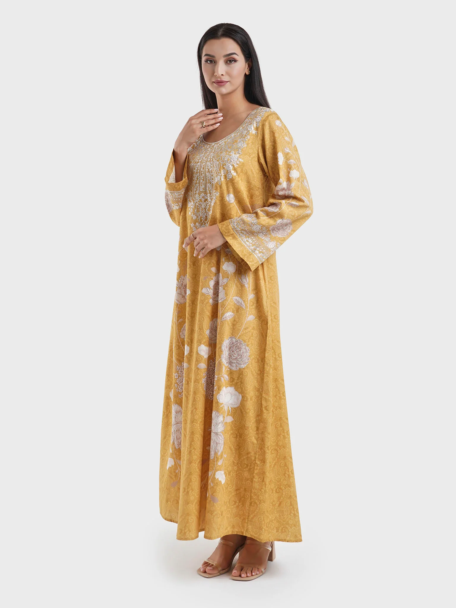 Mustard Cotton Satin Floral Print Jalabiya with Stonework (VDM884) - Image 3