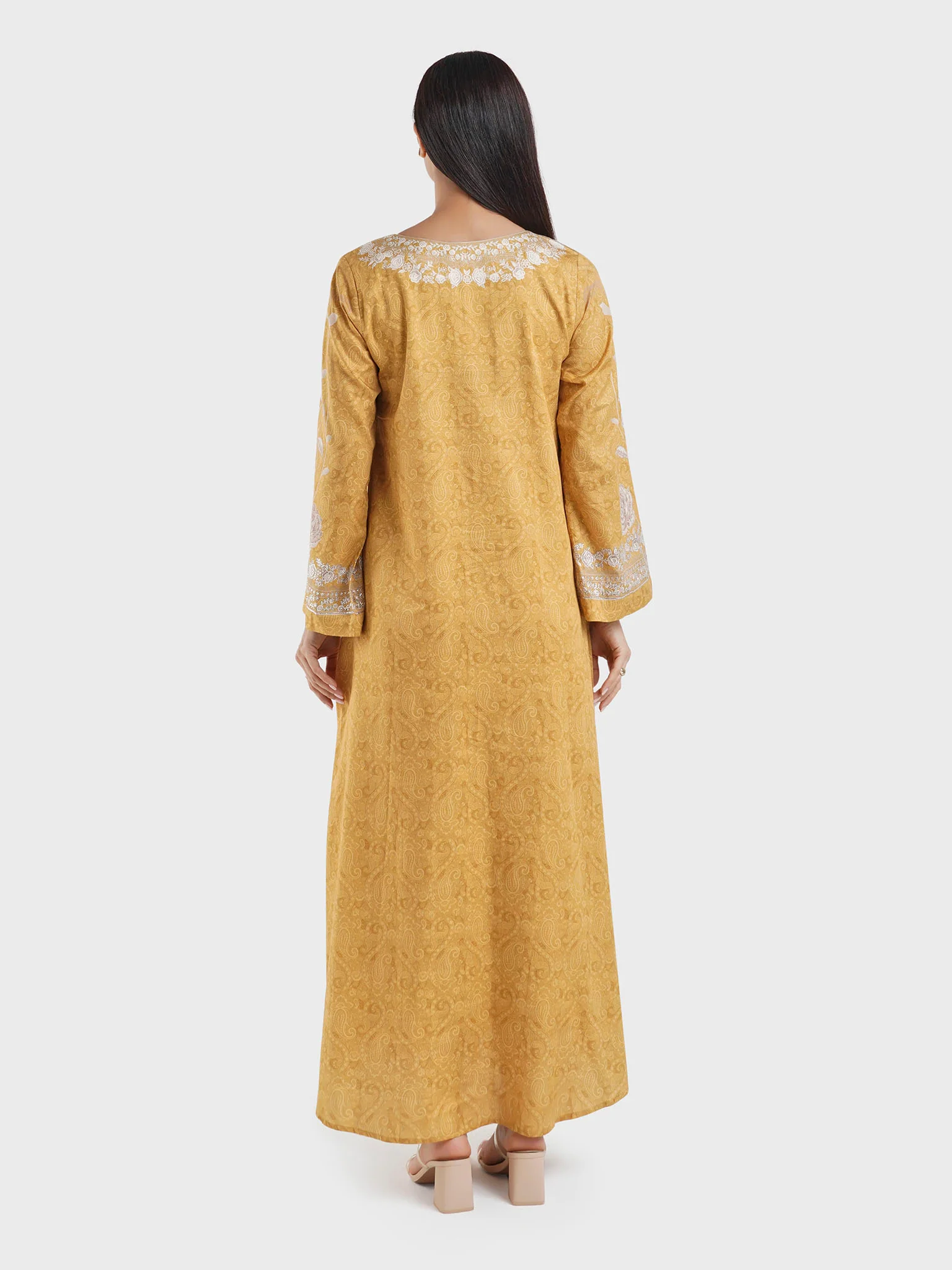 Mustard Cotton Satin Floral Print Jalabiya with Stonework (VDM884) - Image 4