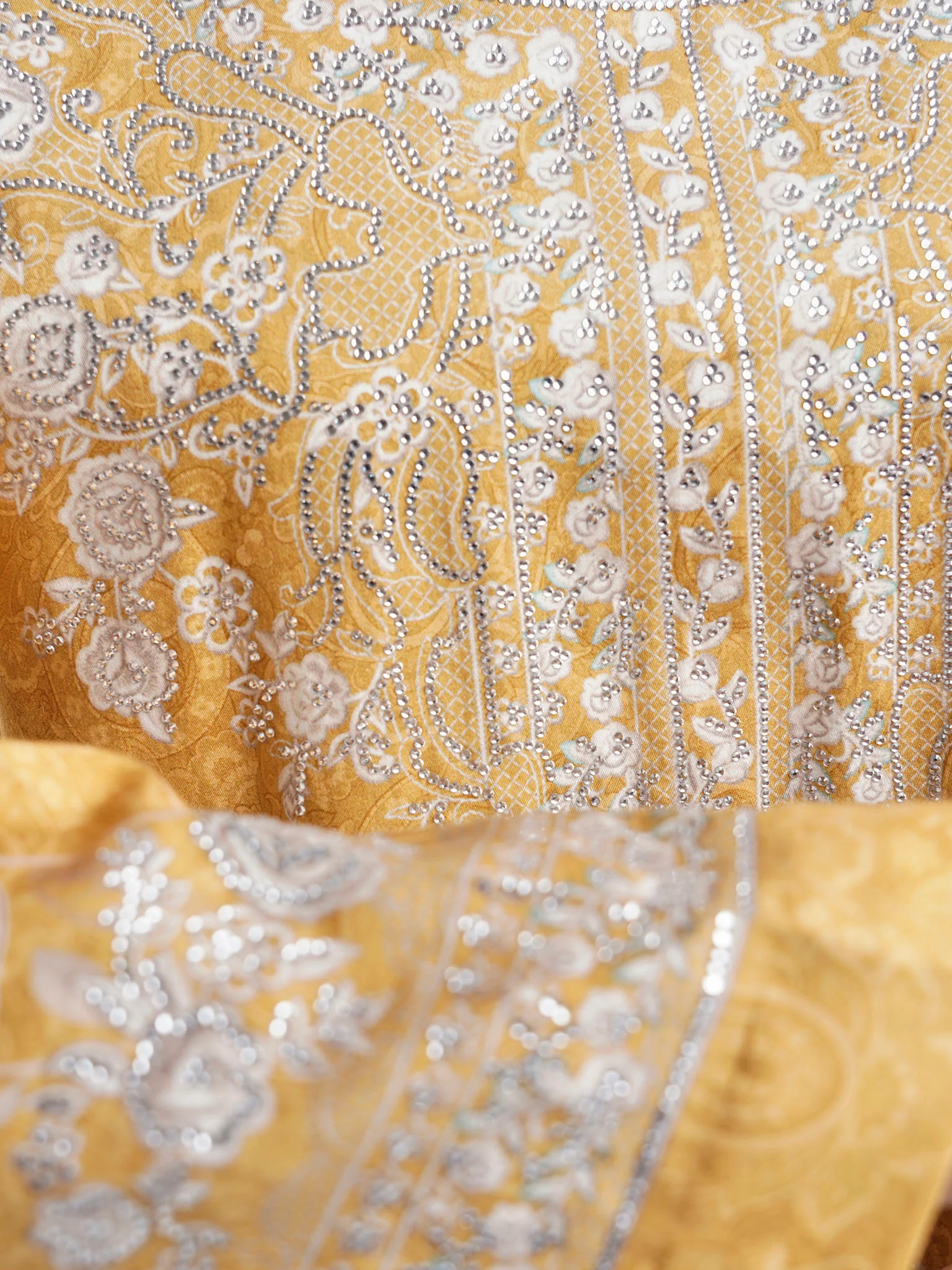 Mustard Cotton Satin Floral Print Jalabiya with Stonework (VDM884) - Image 5