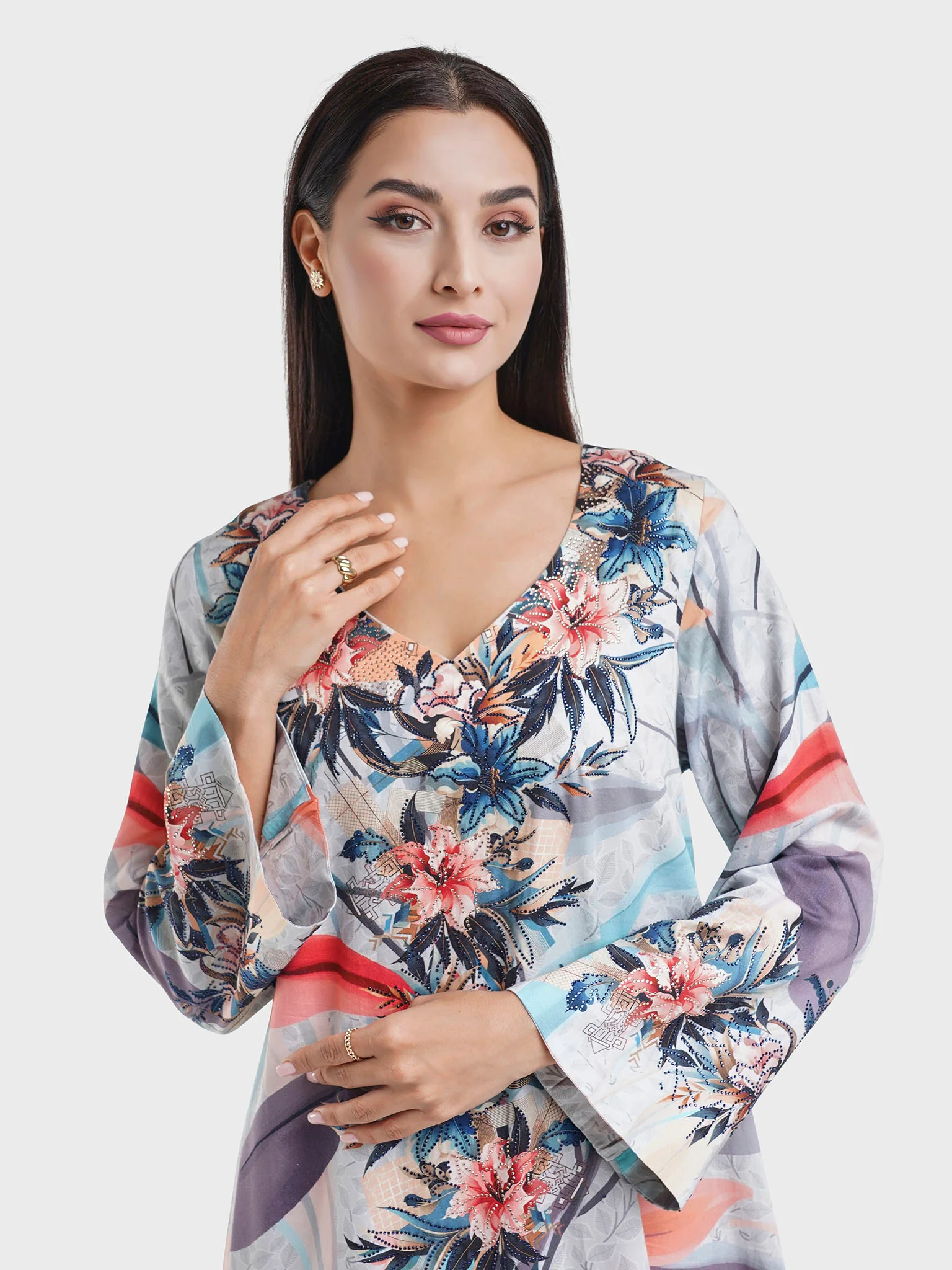 Cotton Satin Dove Grey, Digital Floral Print Jalabiya (VDM885)