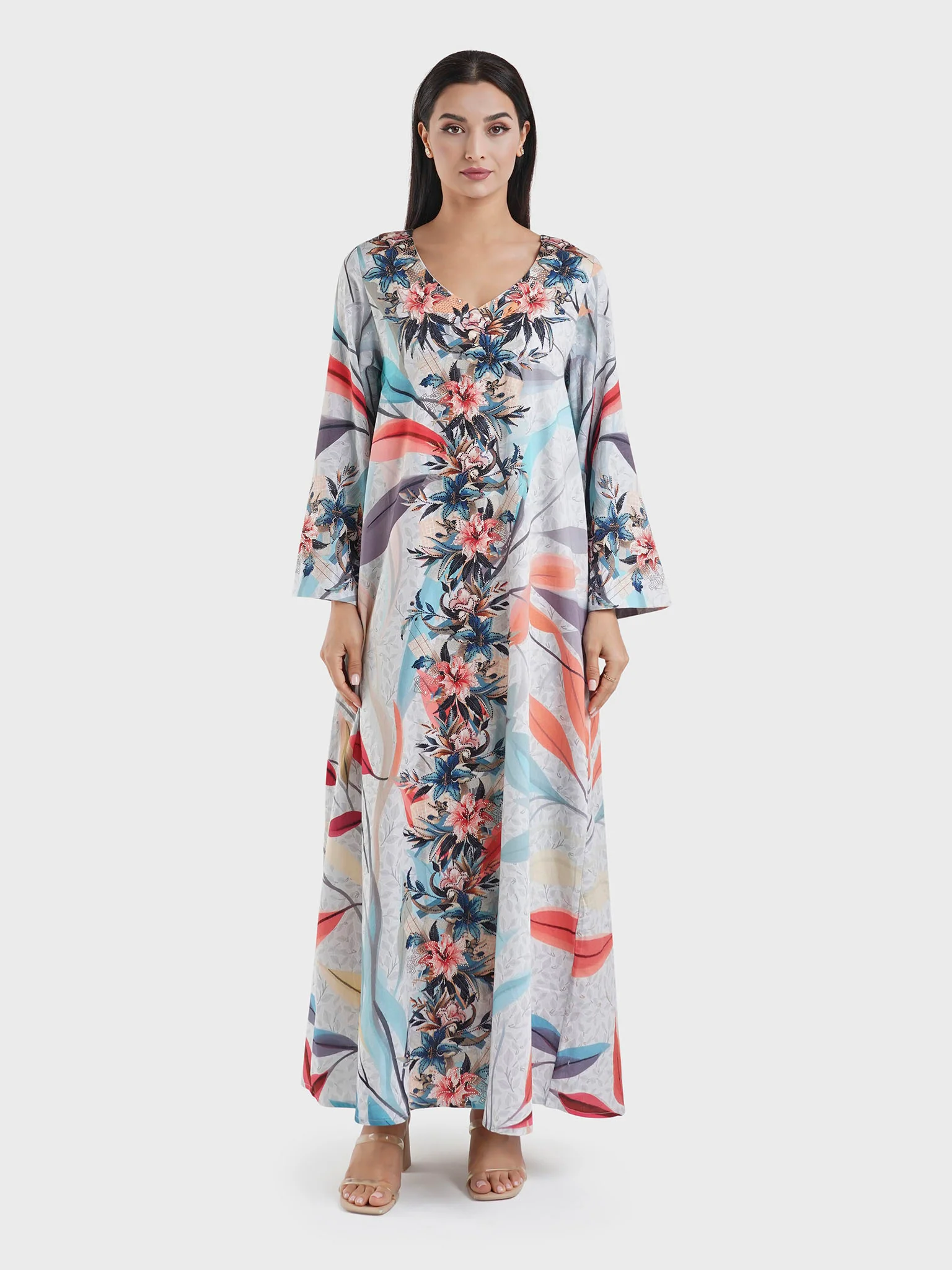 Cotton Satin Dove Grey, Digital Floral Print Jalabiya (VDM885) - Image 2