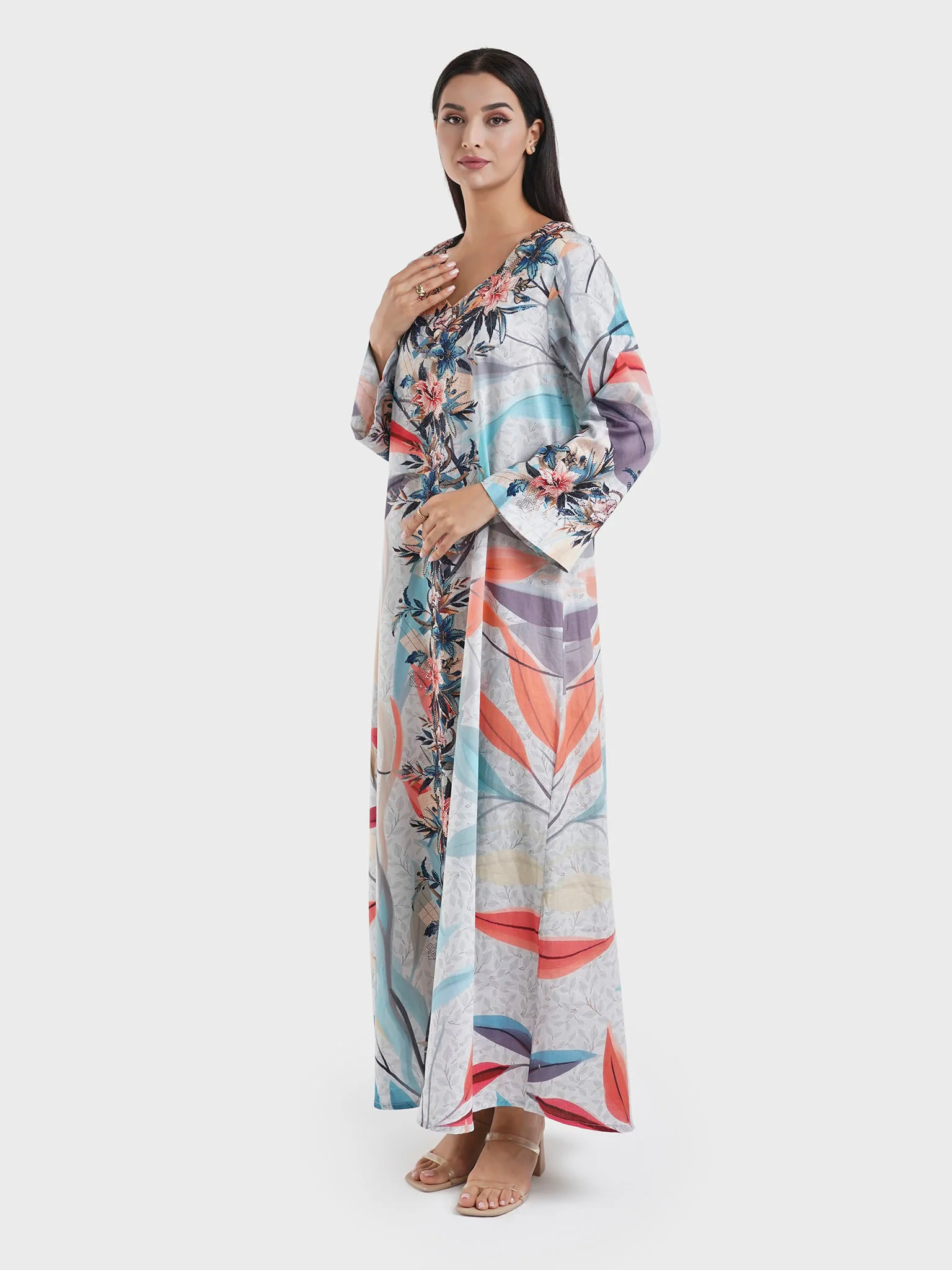 Cotton Satin Dove Grey, Digital Floral Print Jalabiya (VDM885) - Image 3