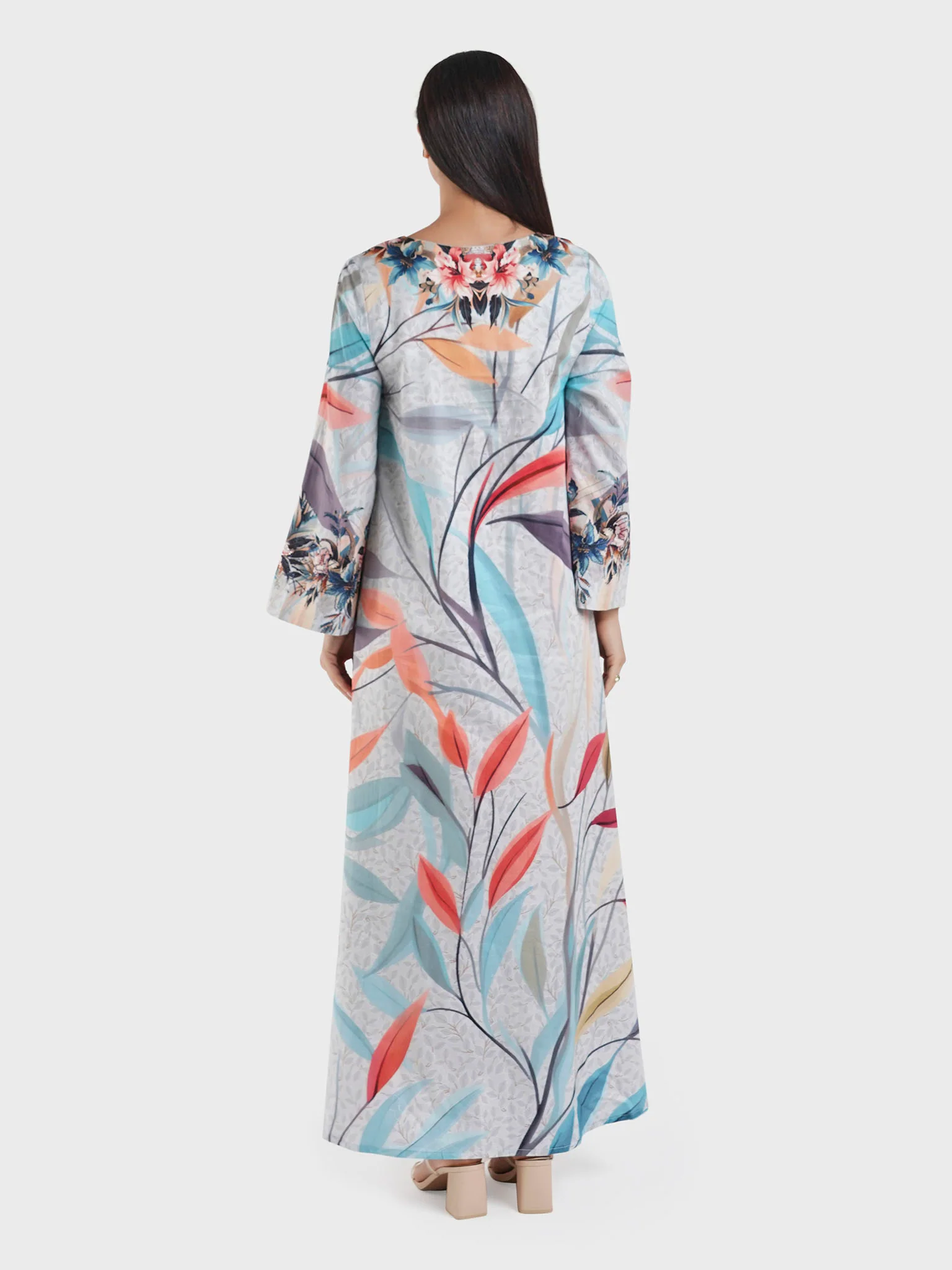 Cotton Satin Dove Grey, Digital Floral Print Jalabiya (VDM885) - Image 4