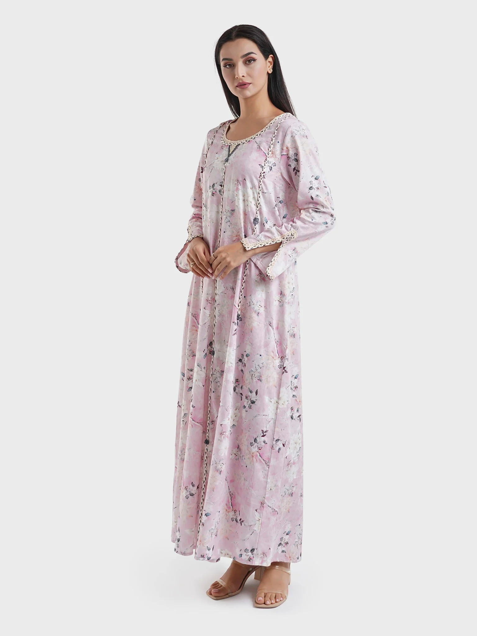 Cotton Babypink Floral Print Jalabiya (VDP129A) - Image 3