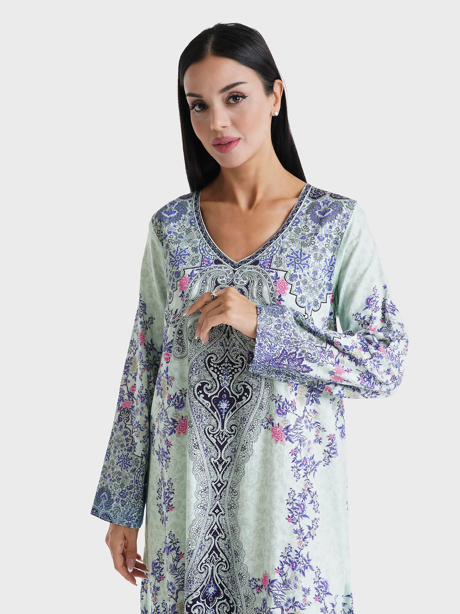 Mint Green Floral Printed Cotton Satin Stone Work Jalabiya (VDU582)