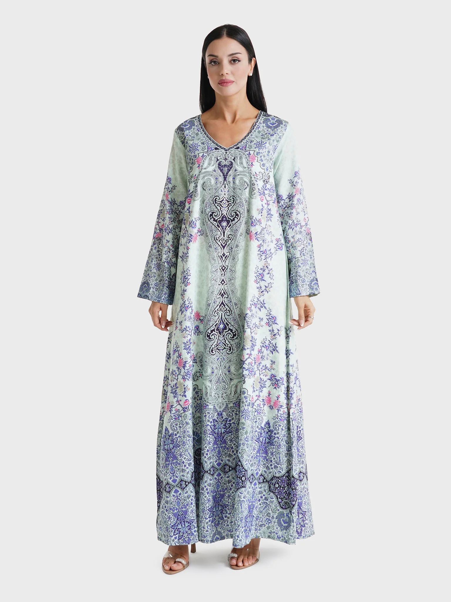 Mint Green Floral Printed Cotton Satin Stone Work Jalabiya (VDU582) - Image 2