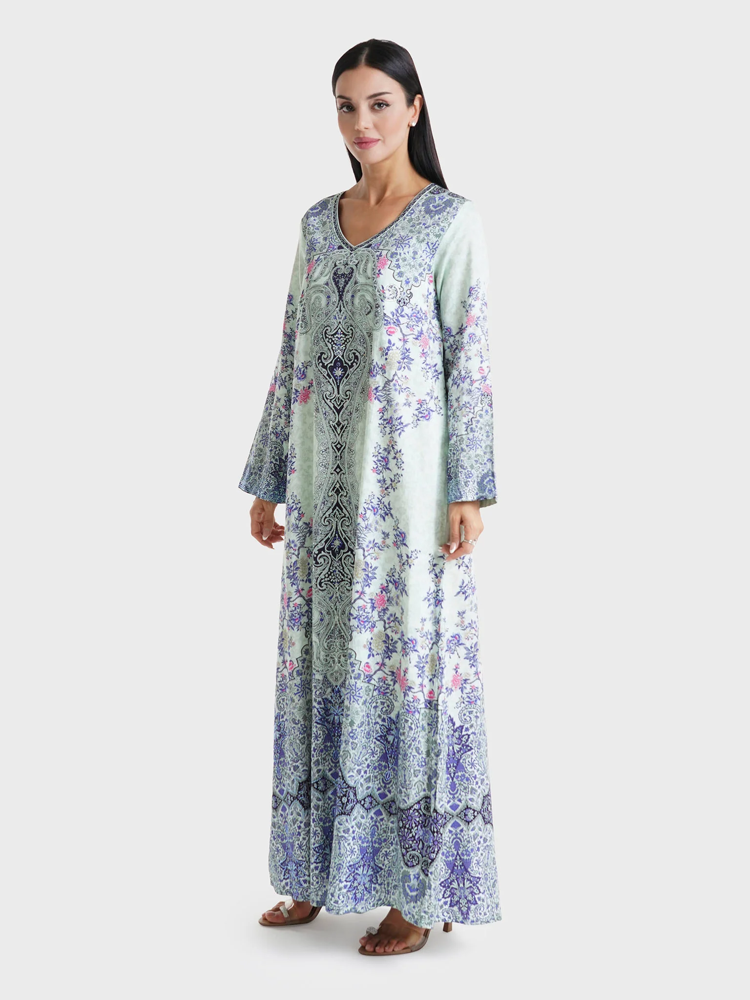 Mint Green Floral Printed Cotton Satin Stone Work Jalabiya (VDU582) - Image 3