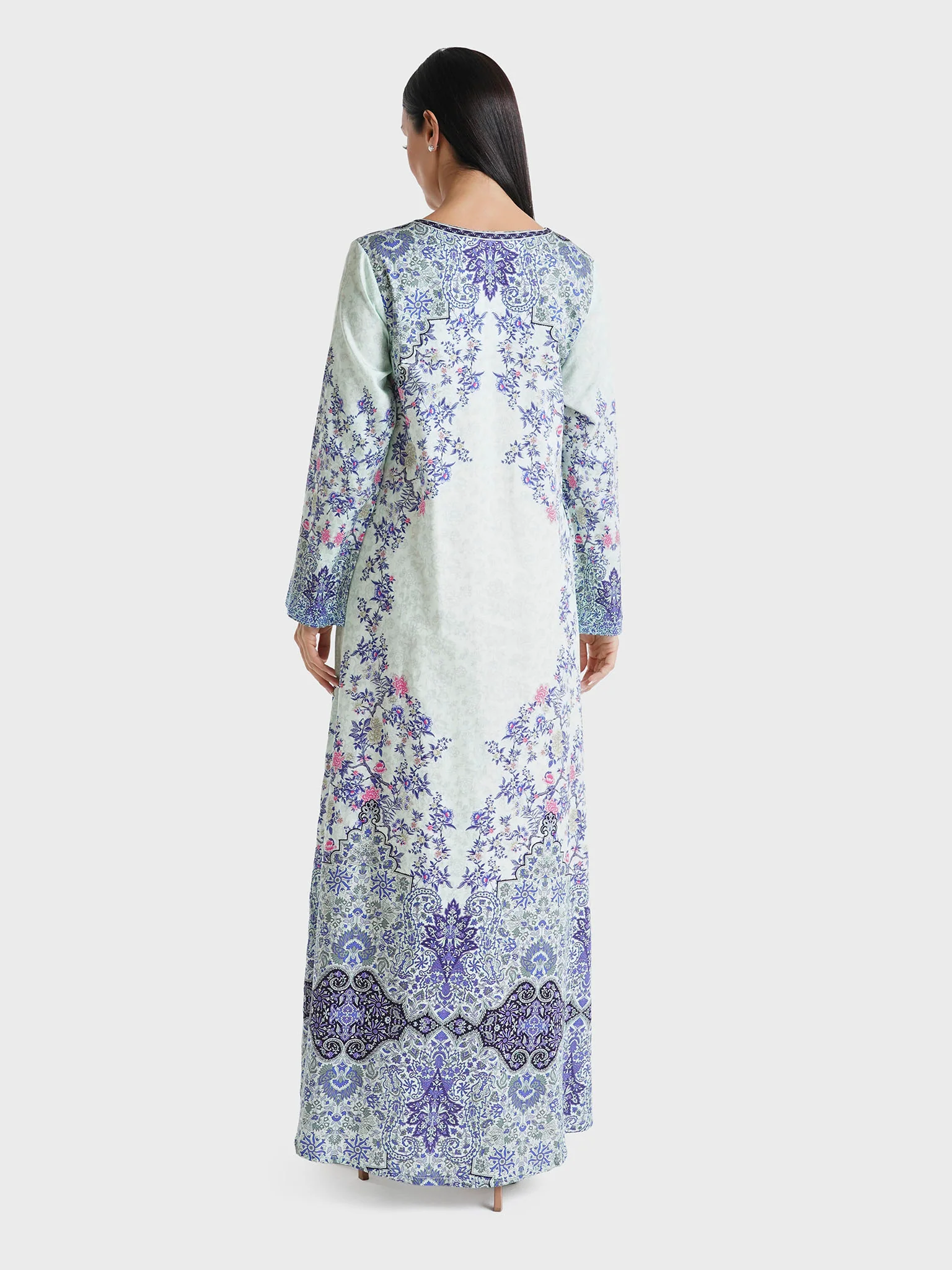 Mint Green Floral Printed Cotton Satin Stone Work Jalabiya (VDU582) - Image 4