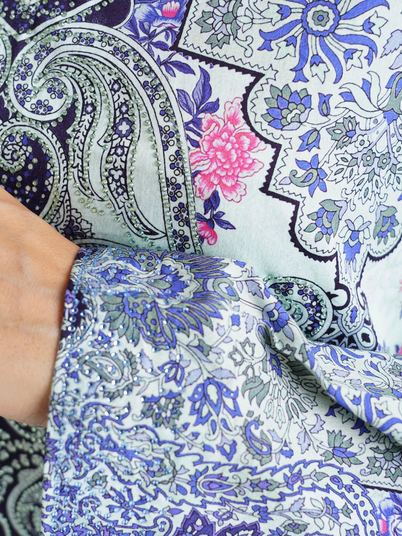 Mint Green Floral Printed Cotton Satin Stone Work Jalabiya (VDU582) - Image 5