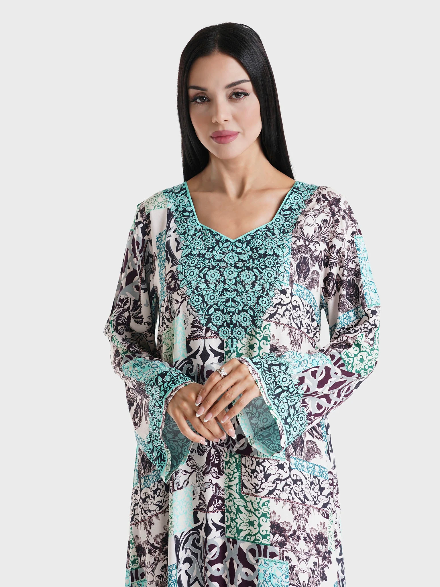 Teal Abstract Printed Rayon Stone Work Jalabiya (VDU802)