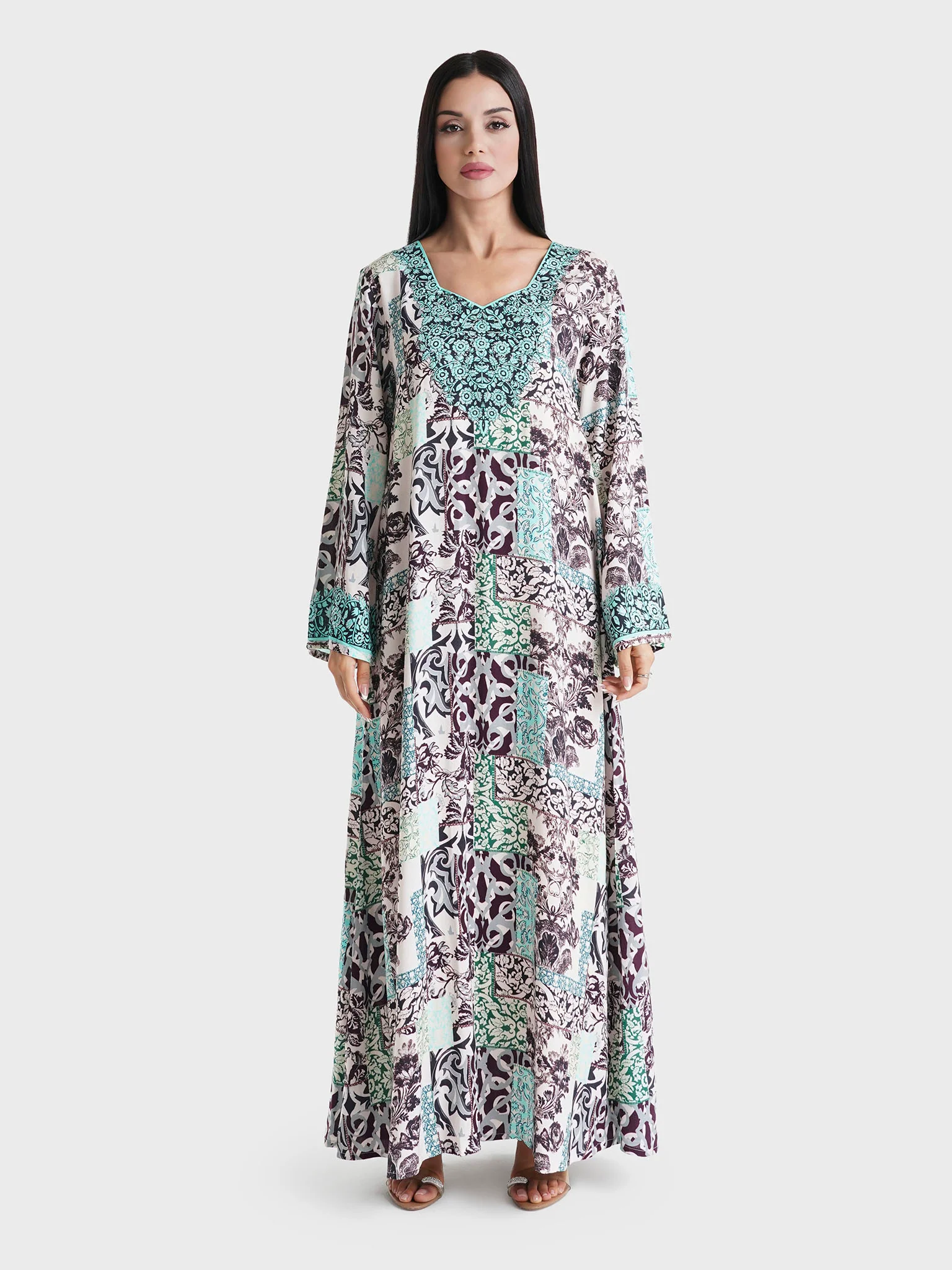 Teal Abstract Printed Rayon Stone Work Jalabiya (VDU802) - Image 2