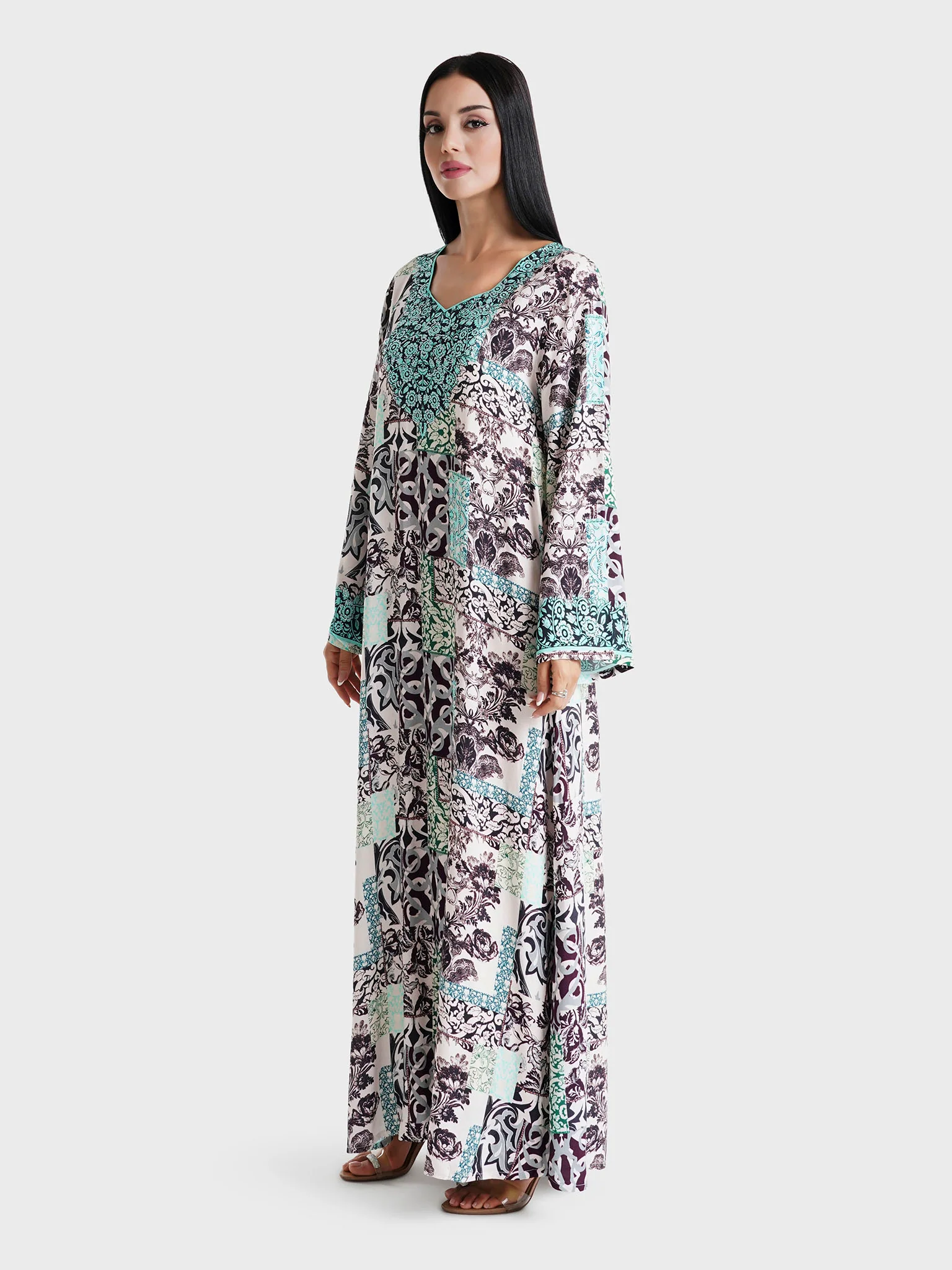 Teal Abstract Printed Rayon Stone Work Jalabiya (VDU802) - Image 3